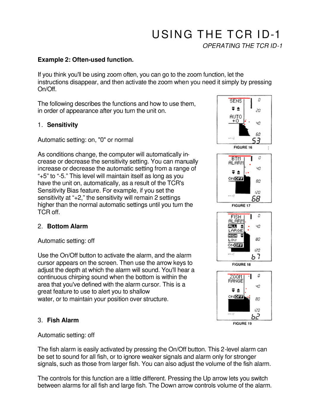 Humminbird TCR ID-1 manual Example 2 Often-used function, Sensitivity, Bottom Alarm, Fish Alarm 