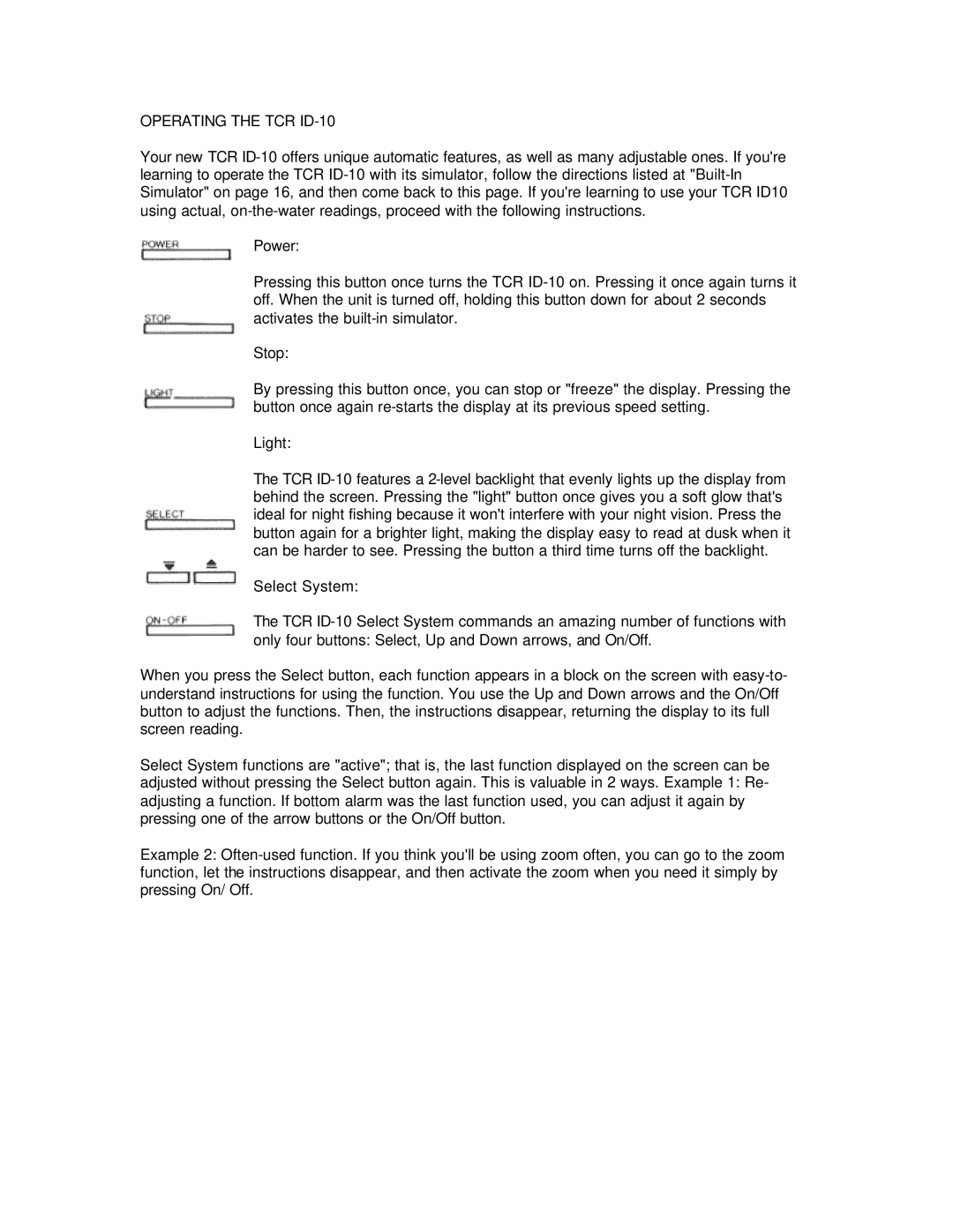 Humminbird manual Operating the TCR ID-10 