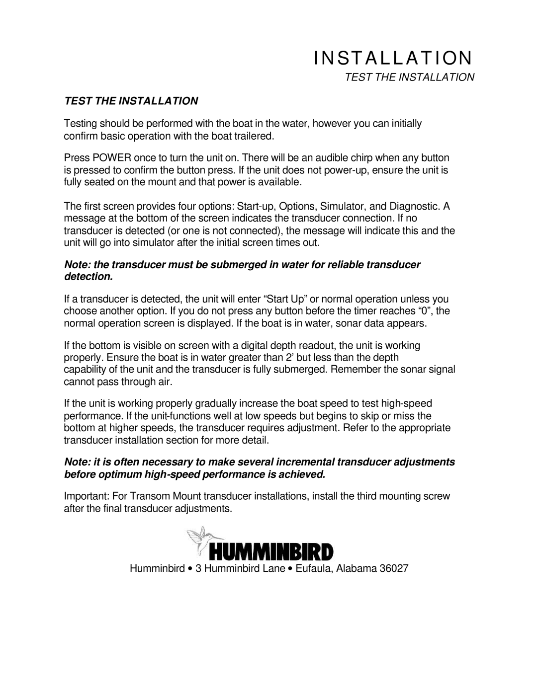 Humminbird Tour Series manual Test the Installation 