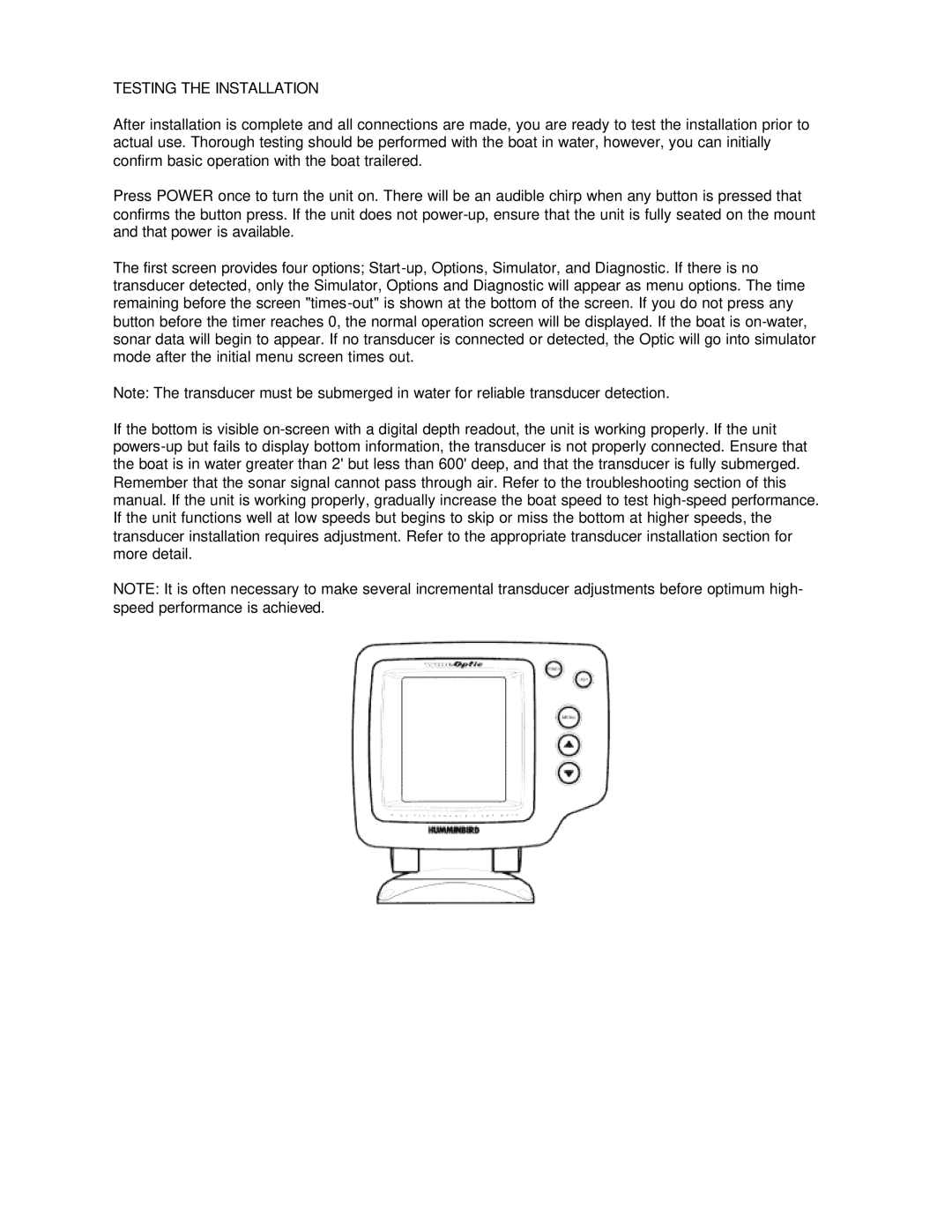 Humminbird Tour Series manual Testing the Installation 