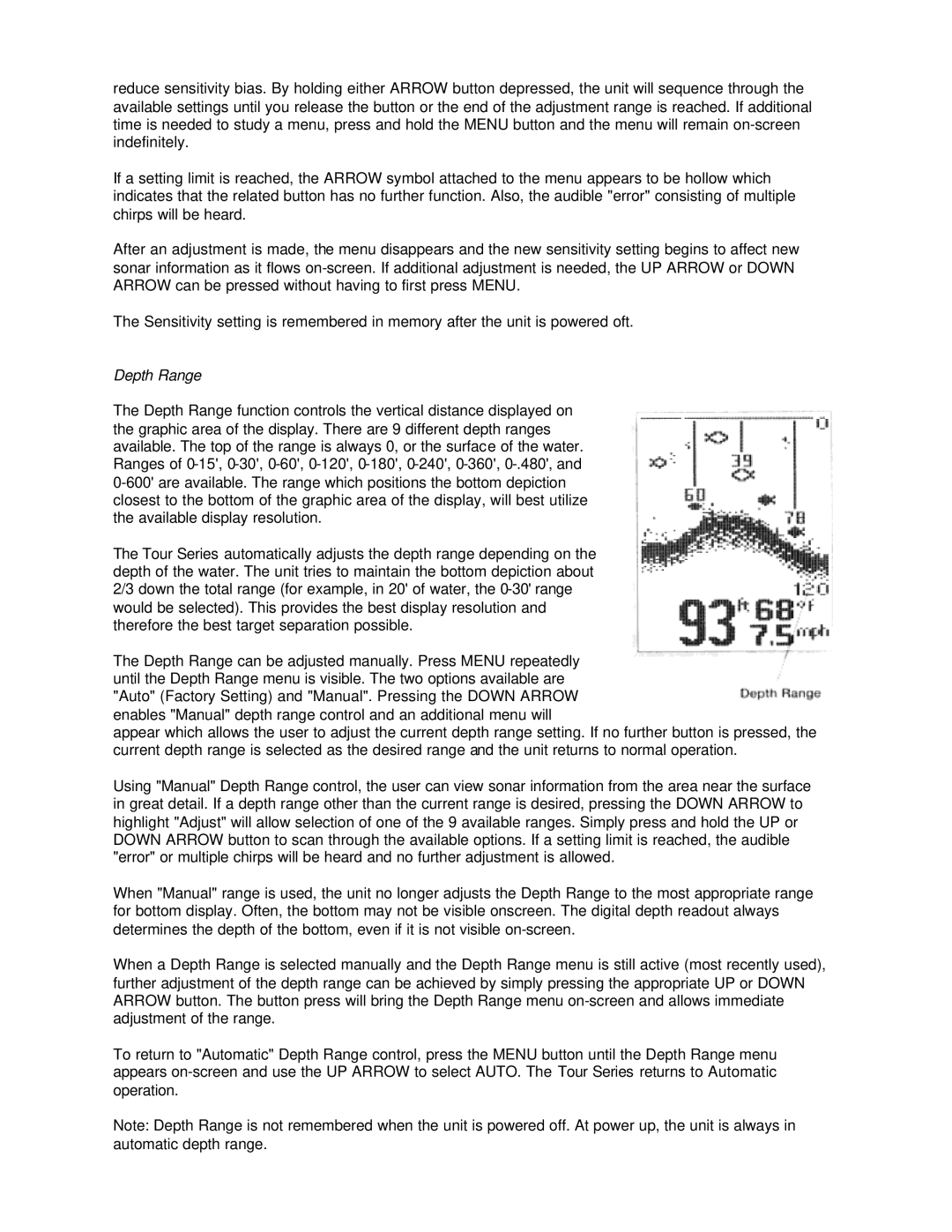 Humminbird Tour Series manual Depth Range 