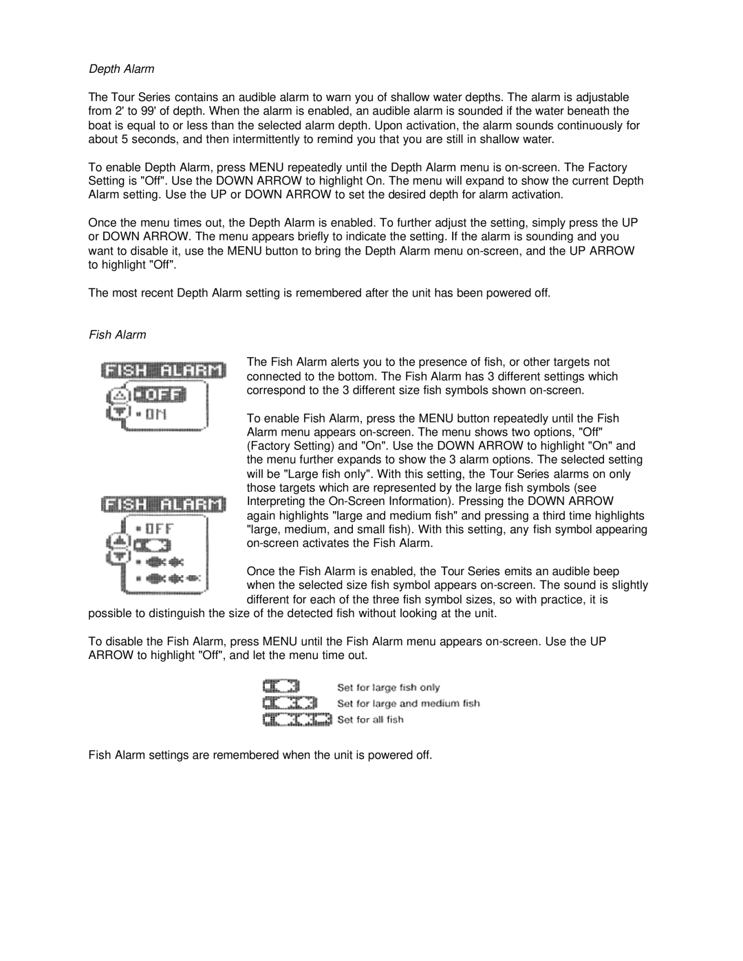 Humminbird Tour Series manual Depth Alarm, Fish Alarm 