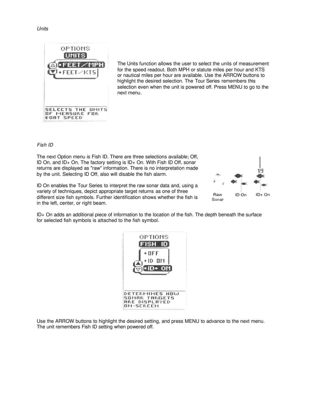 Humminbird Tour Series manual Units, Fish ID 