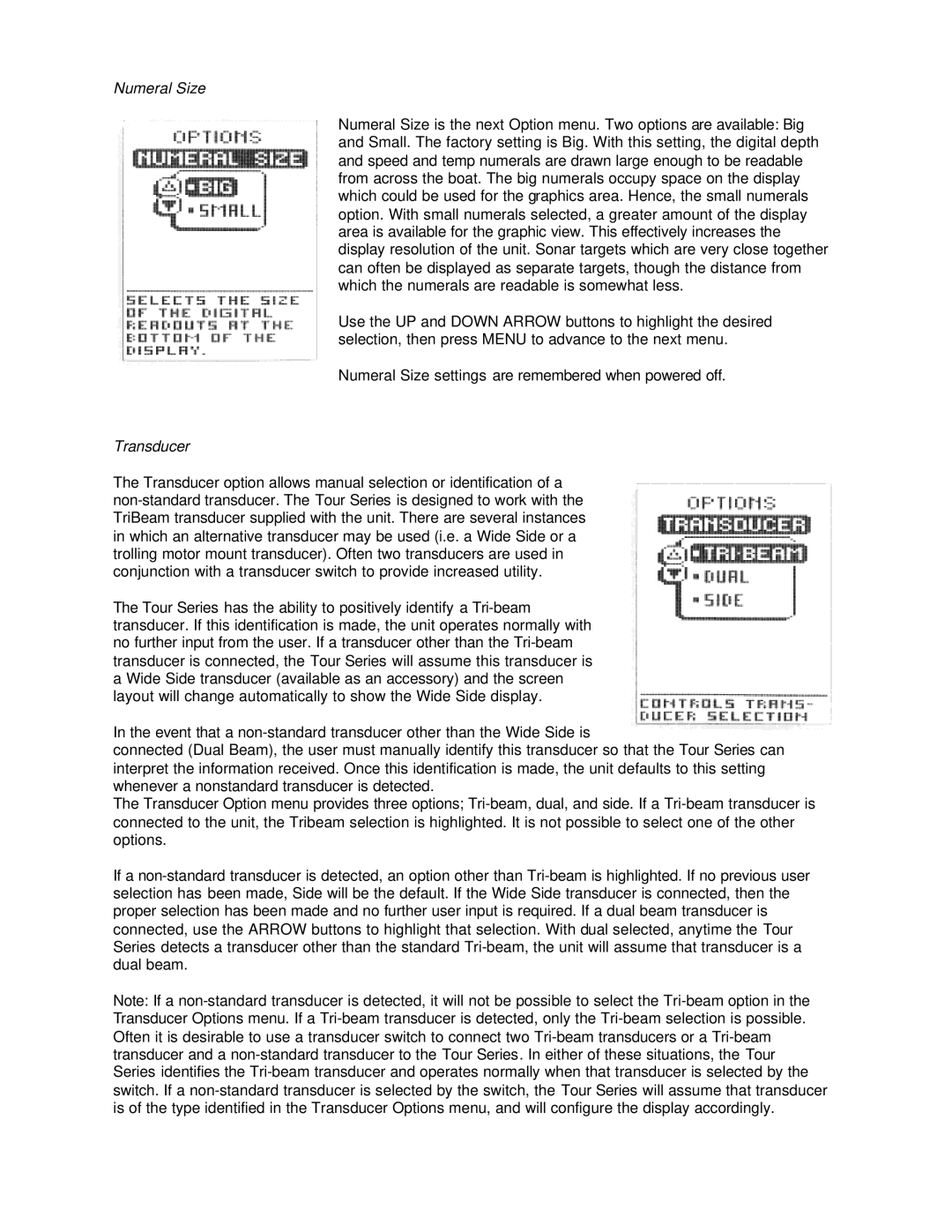 Humminbird Tour Series manual Numeral Size, Transducer 