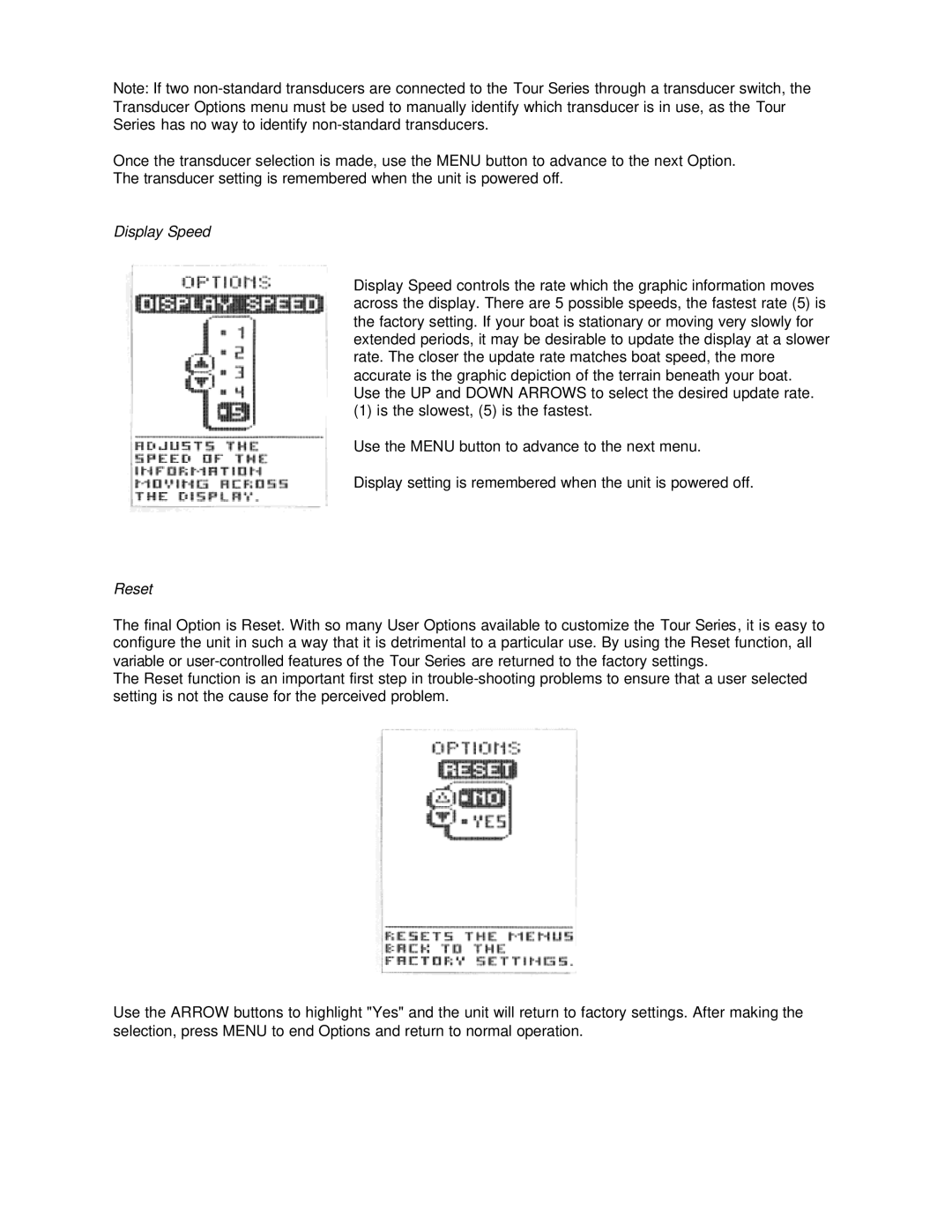 Humminbird Tour Series manual Display Speed, Reset 