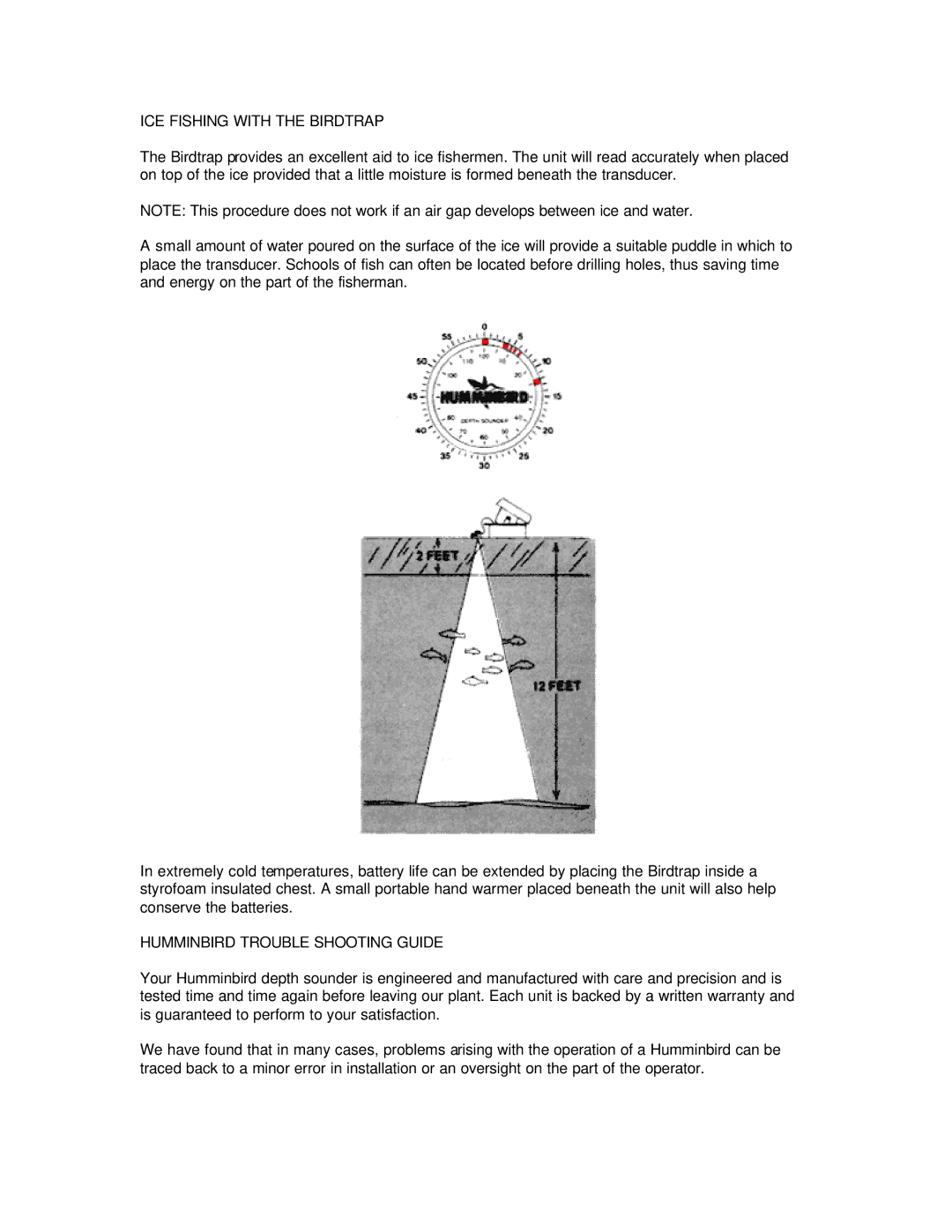 Humminbird TS2-3, TS1-3 manual ICE Fishing with the Birdtrap, Humminbird Trouble Shooting Guide 