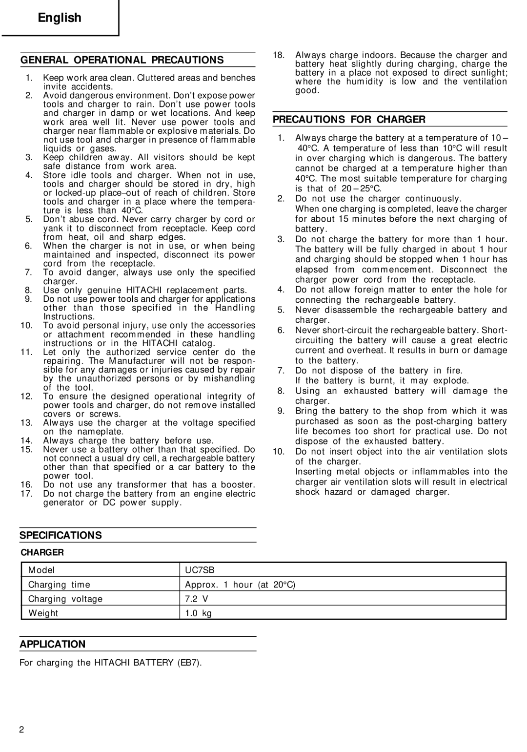 Humminbird UC 7SB manual English, General Operational Precautions, Precautions for Charger, Specifications, Application 