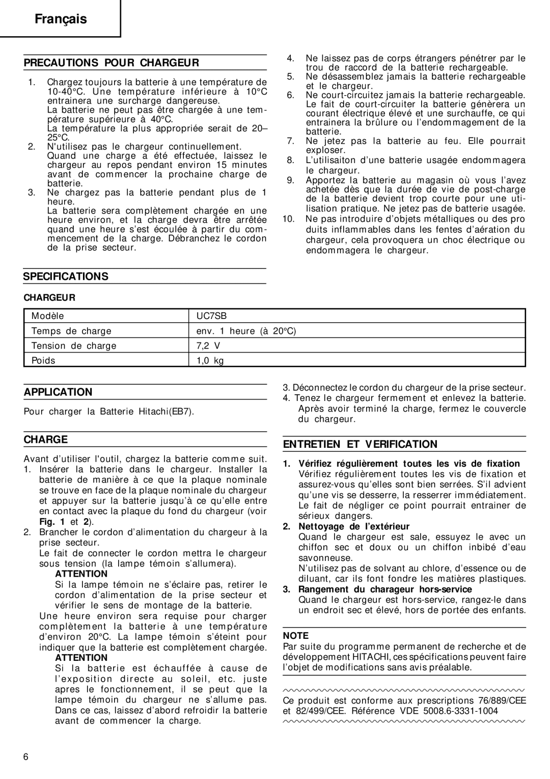 Humminbird UC 7SB manual Français, Precautions Pour Chargeur, Entretien ET Verification 