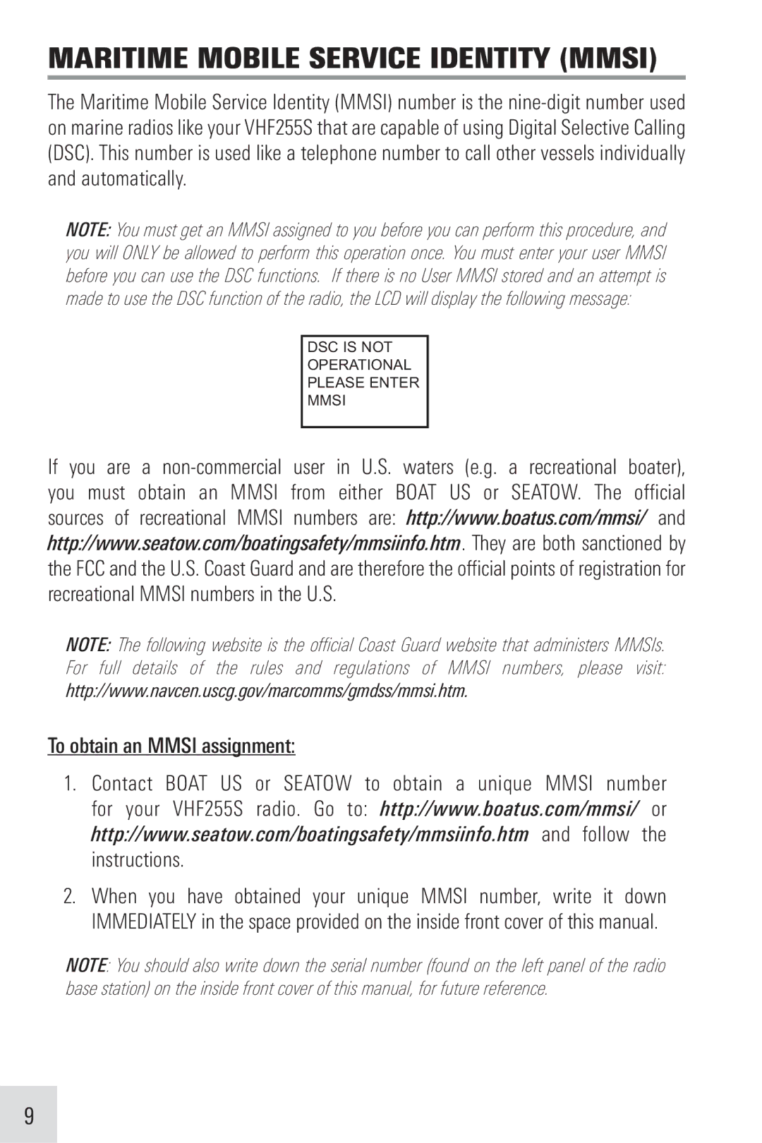 Humminbird VHF255SW manual Maritime Mobile Service Identity Mmsi, To obtain an Mmsi assignment 