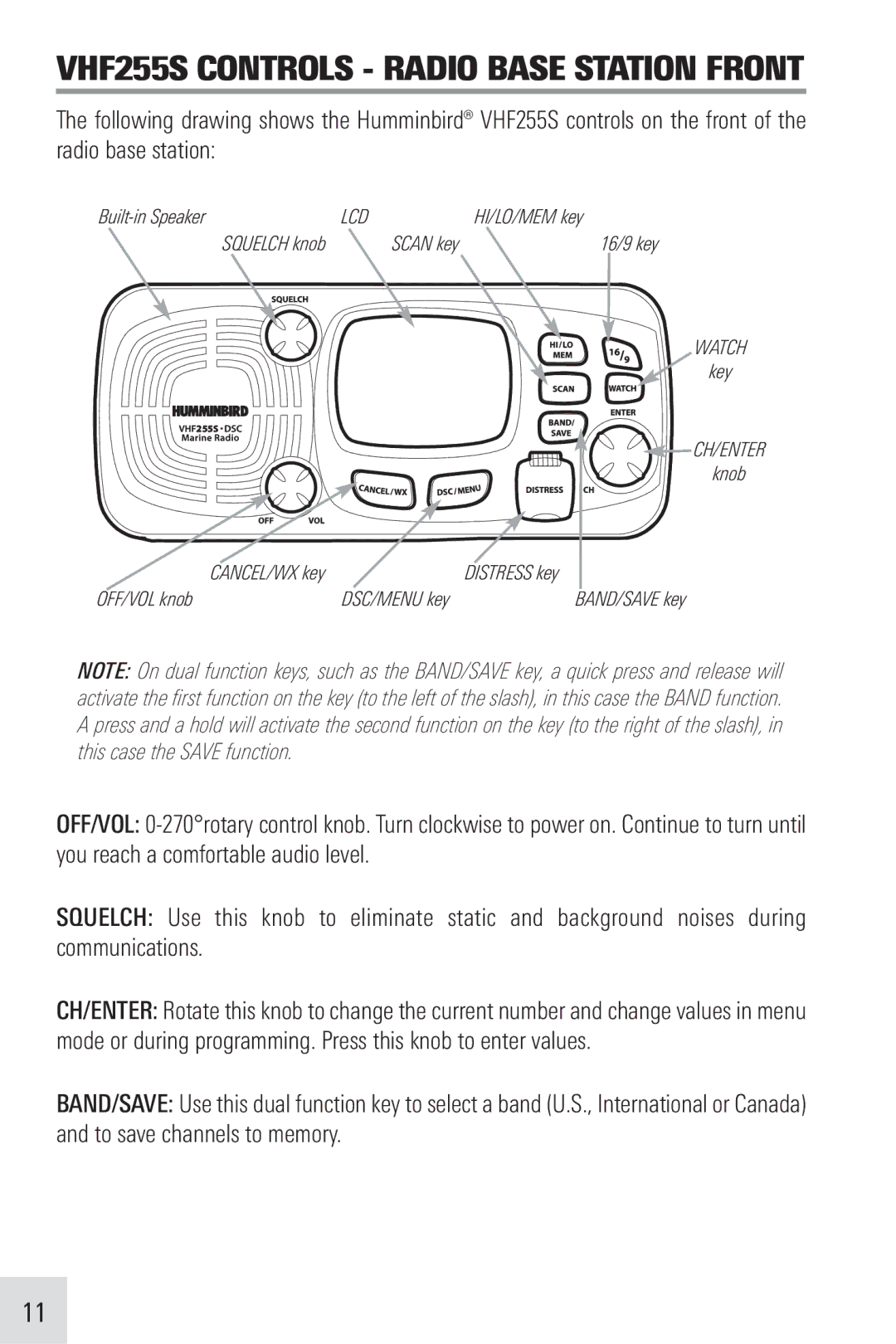 Humminbird VHF255SW manual VHF255S Controls Radio Base Station Front 