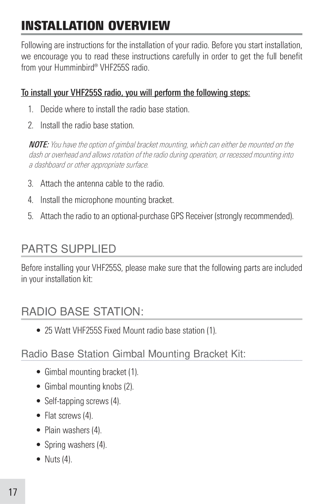 Humminbird VHF255SW Installation Overview, Parts Supplied, Radio Base Station, Watt VHF255S Fixed Mount radio base station 