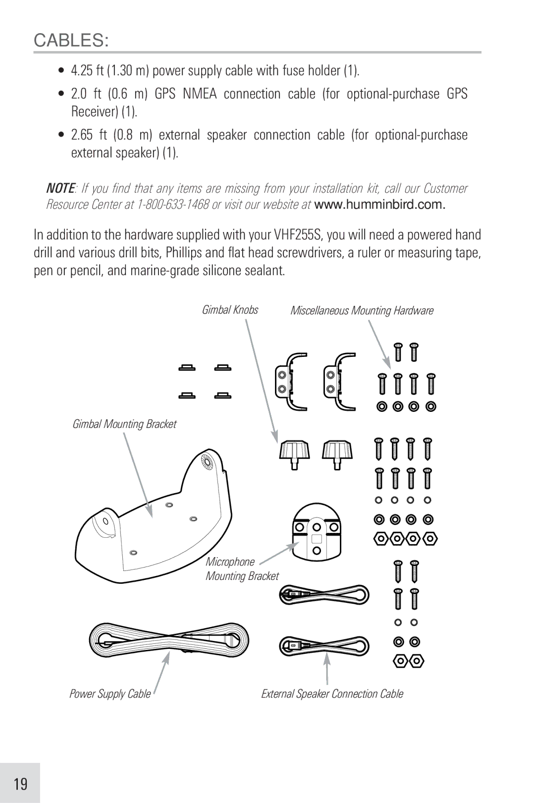 Humminbird VHF255SW manual Cables 