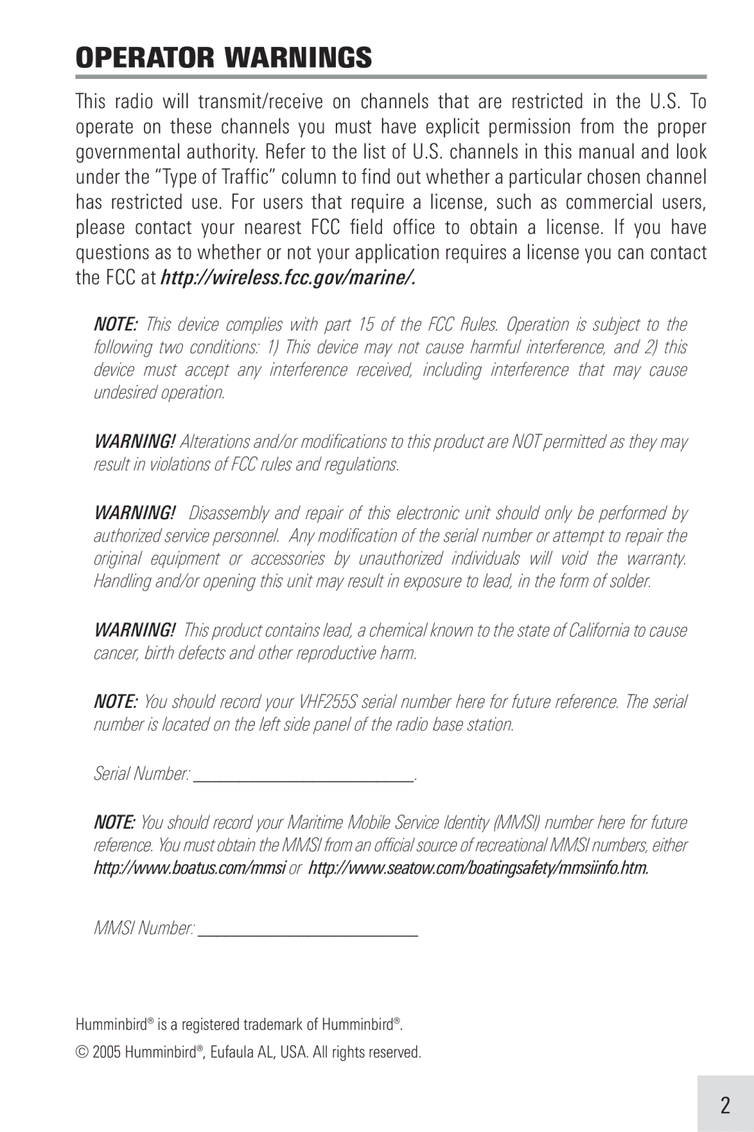 Humminbird VHF255SW manual Operator Warnings 