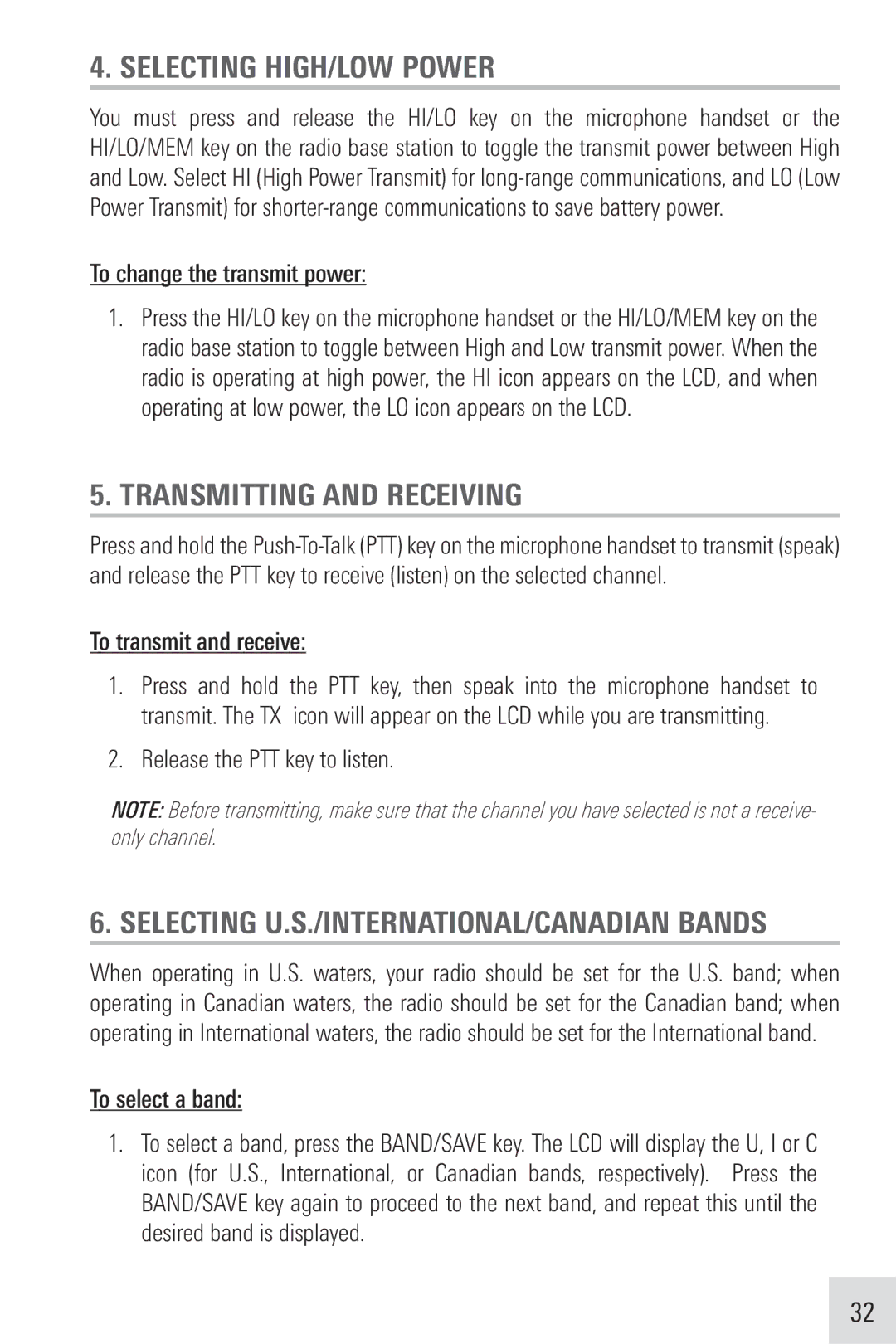 Humminbird VHF255S manual Selecting HIGH/LOW Power, Transmitting and Receiving, Selecting U.S./INTERNATIONAL/CANADIAN Bands 