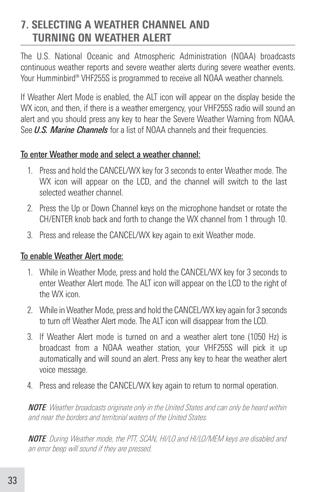 Humminbird VHF255SW manual Selecting a Weather Channel and Turning on Weather Alert 