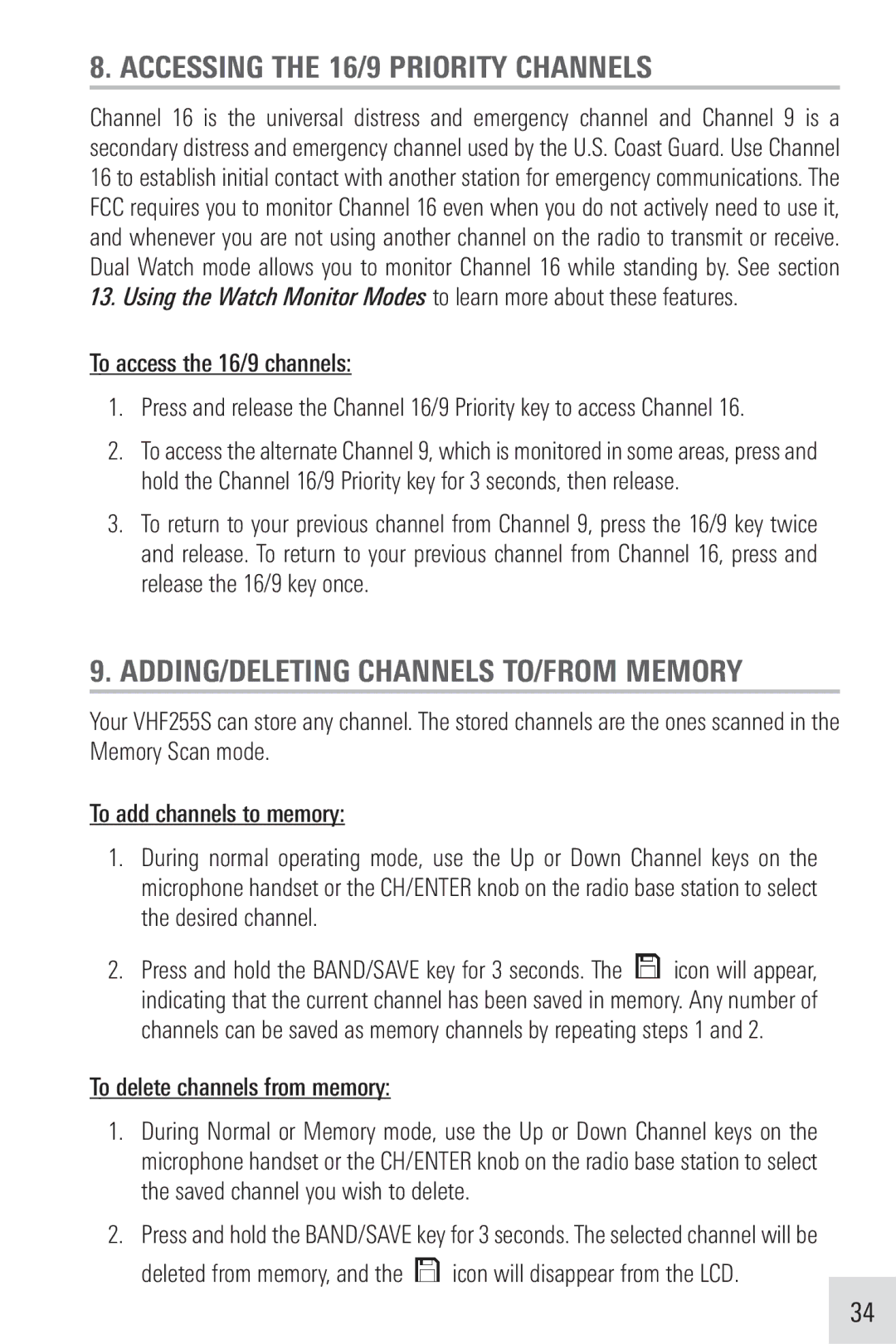 Humminbird VHF255SW manual Accessing the 16/9 Priority Channels, ADDING/DELETING Channels TO/FROM Memory 