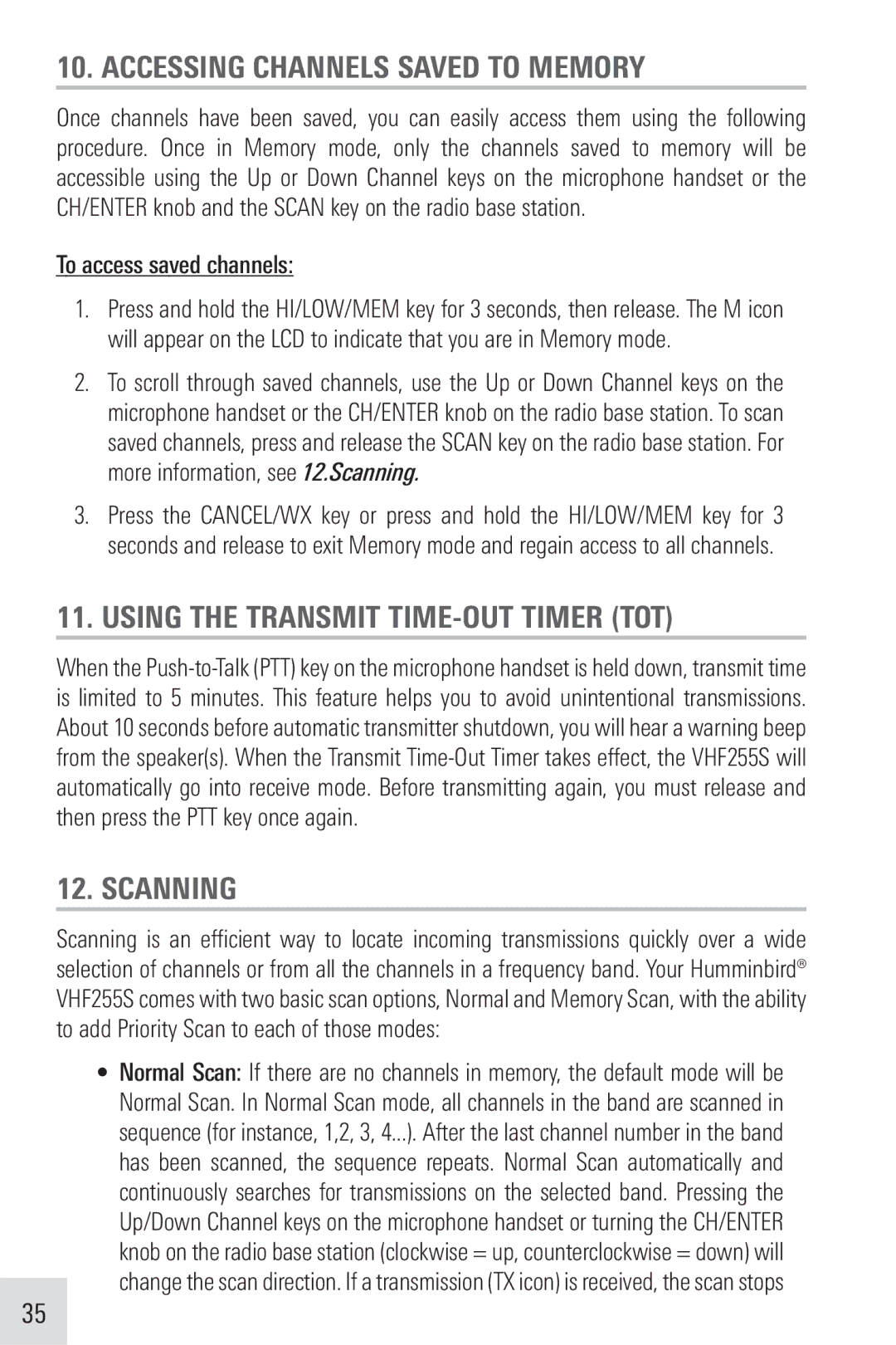 Humminbird VHF255SW manual Accessing Channels Saved to Memory, Using the Transmit TIME-OUT Timer TOT, Scanning 