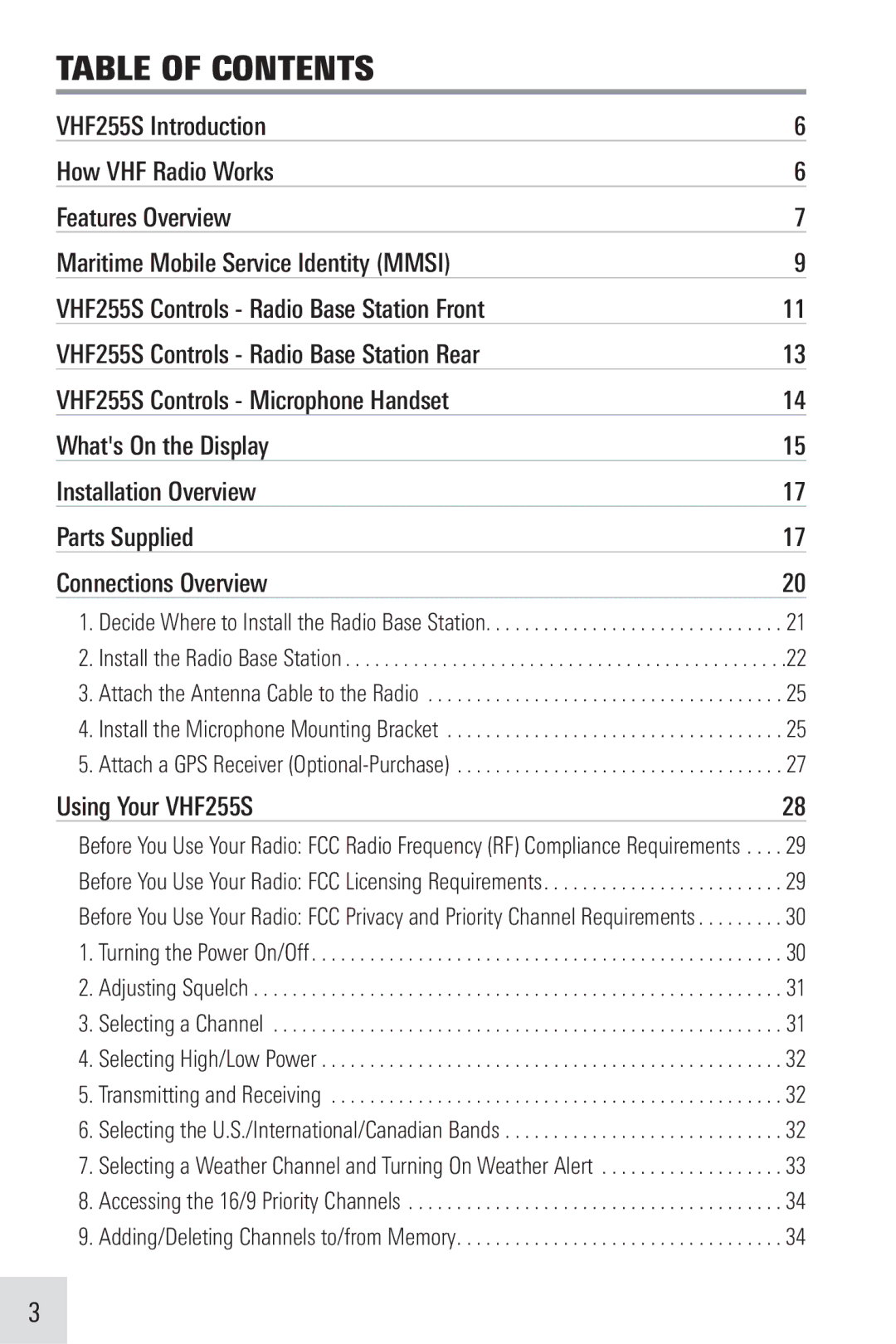 Humminbird VHF255SW manual Table of Contents 