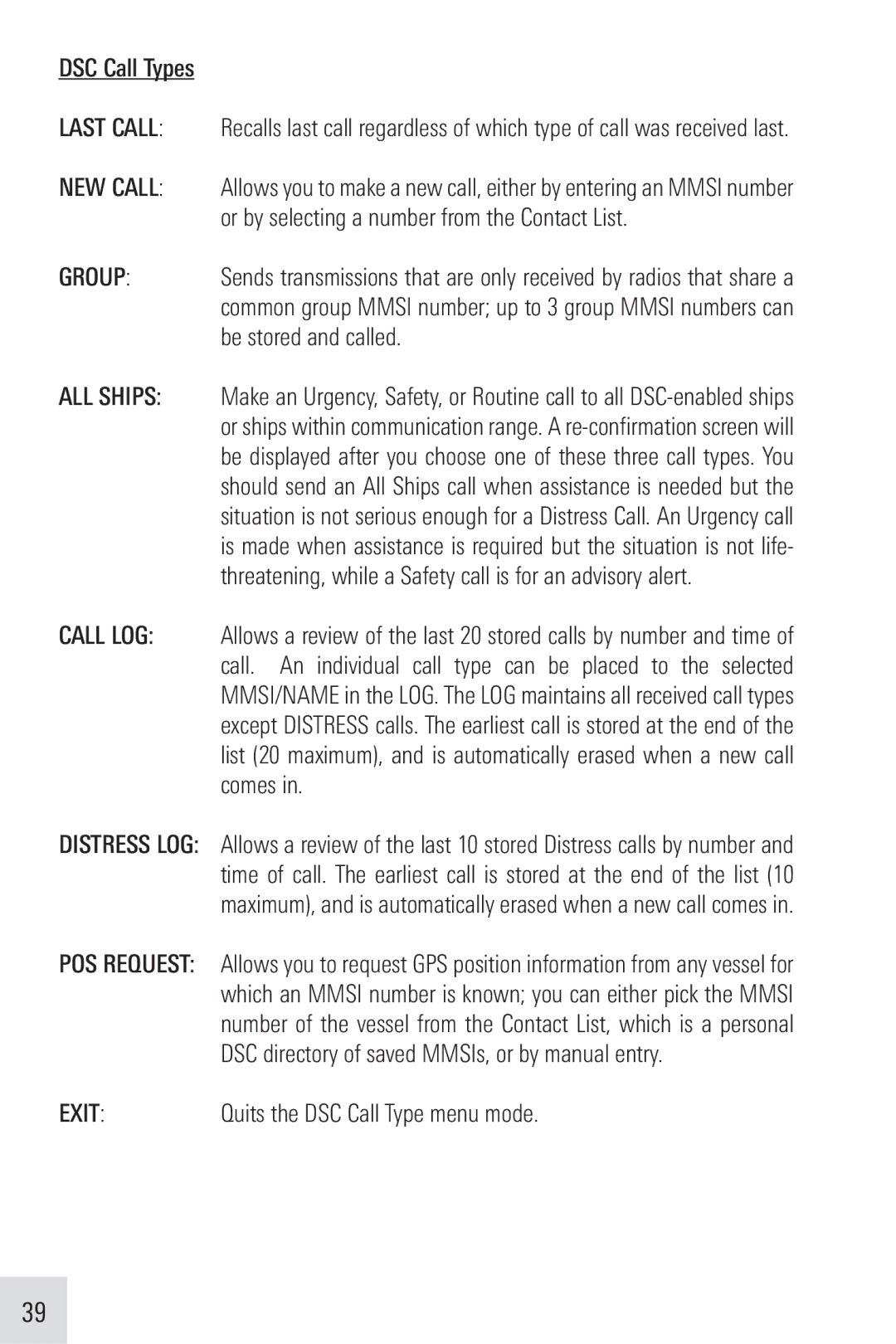 Humminbird VHF255SW manual DSC Call Types, Exit Quits the DSC Call Type menu mode 