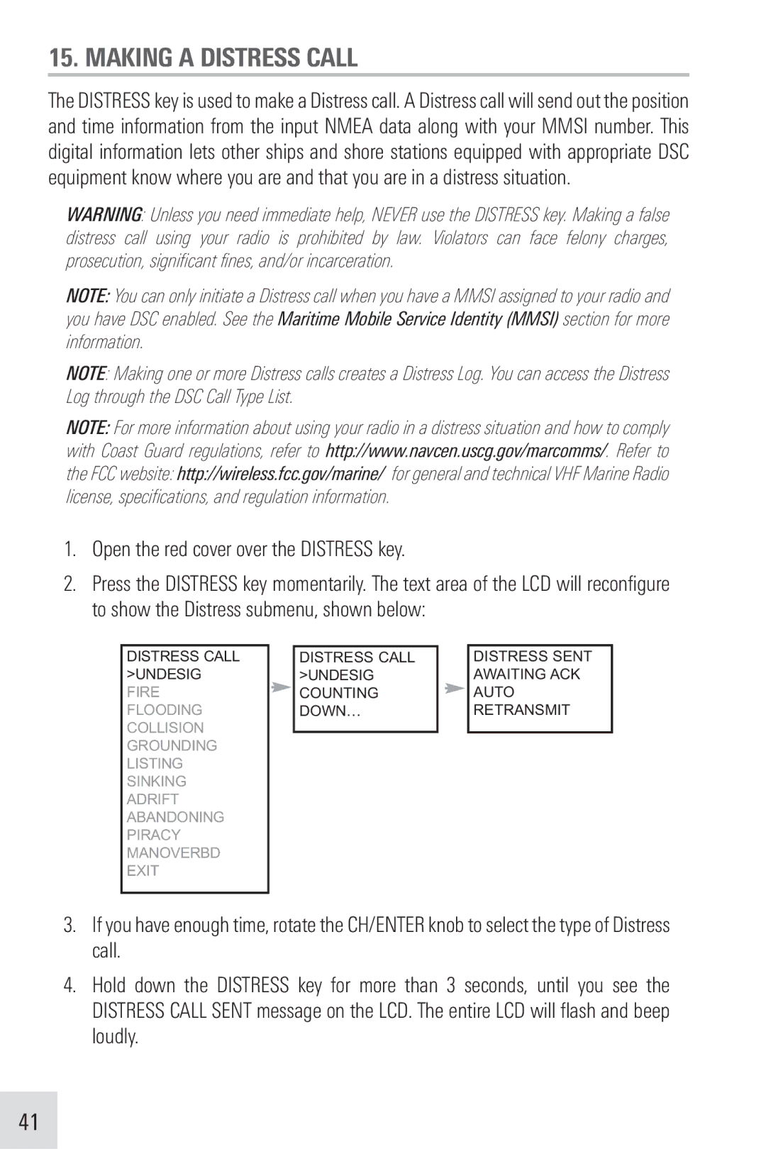 Humminbird VHF255SW manual Making a Distress Call, Open the red cover over the Distress key 