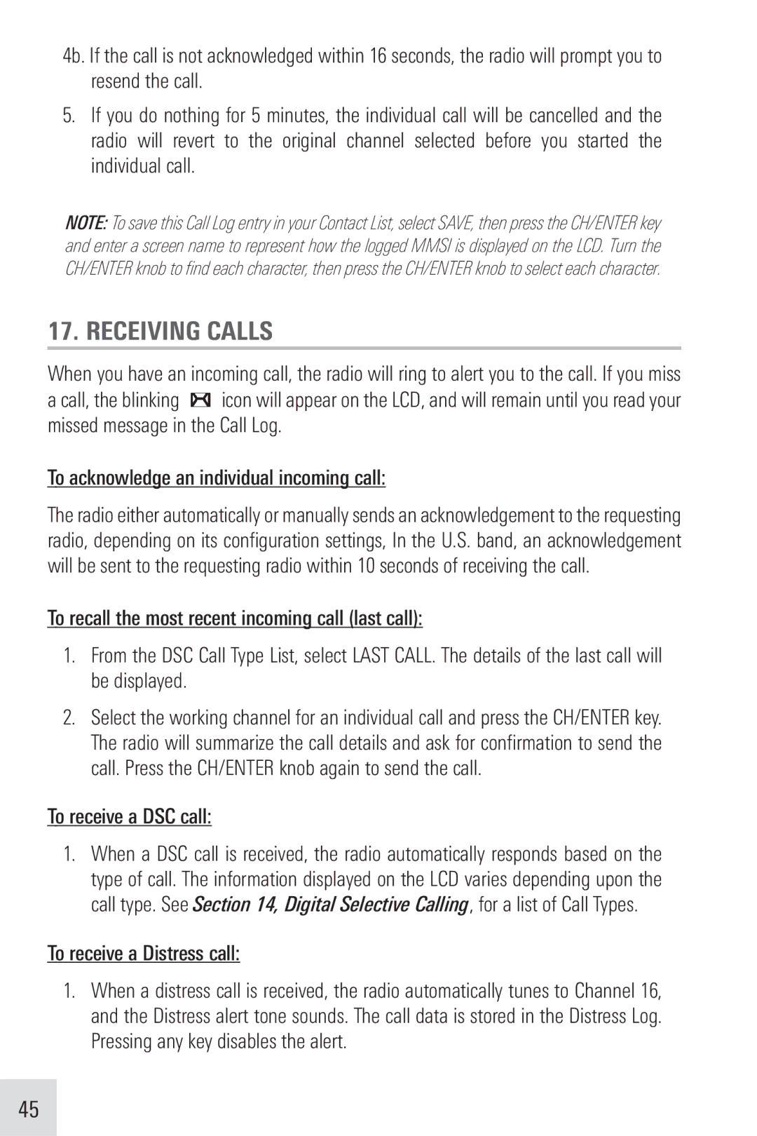 Humminbird VHF255SW manual Receiving Calls, To receive a DSC call, To receive a Distress call 