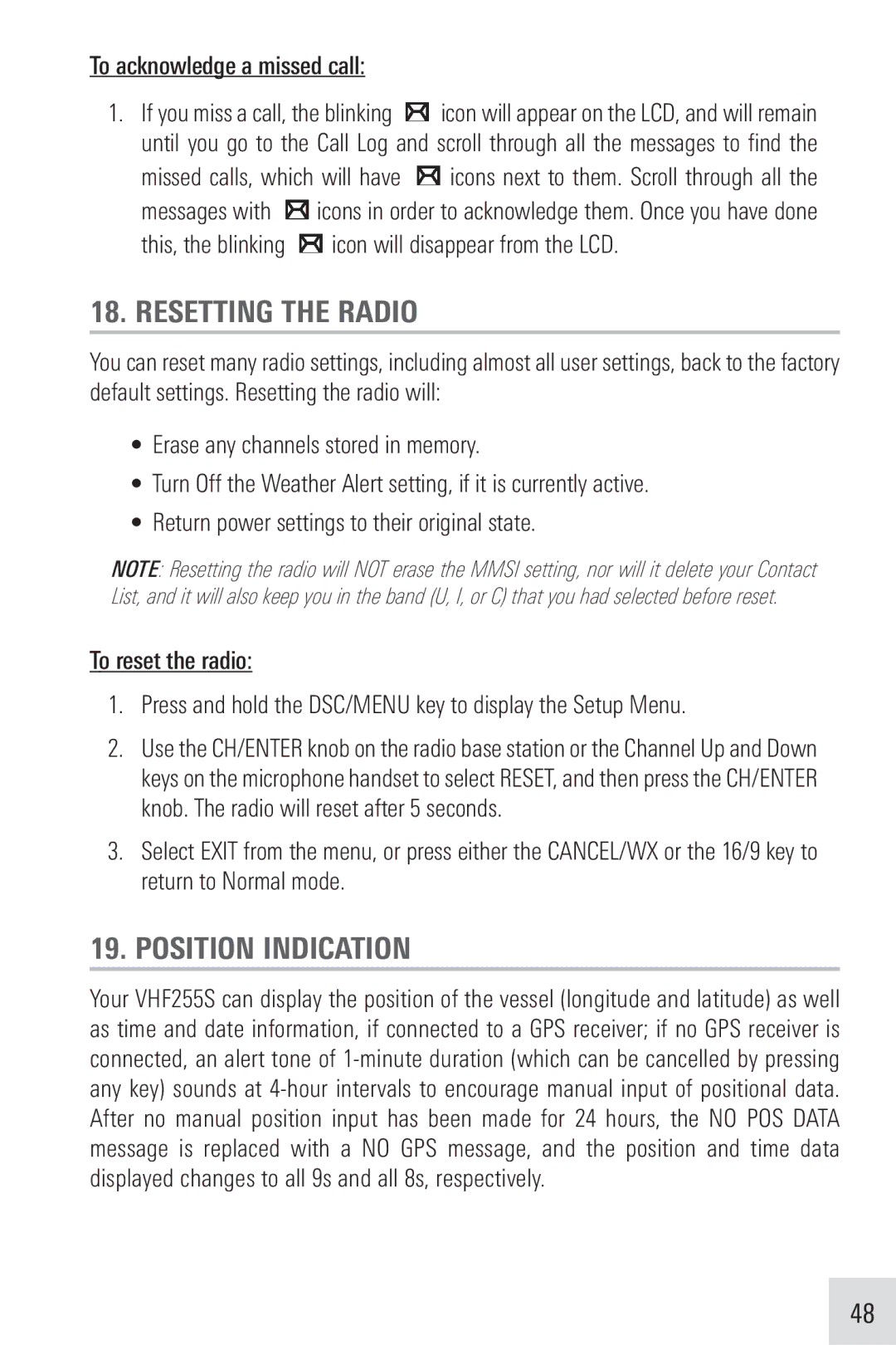 Humminbird VHF255SW manual Resetting the Radio, Position Indication, To acknowledge a missed call 