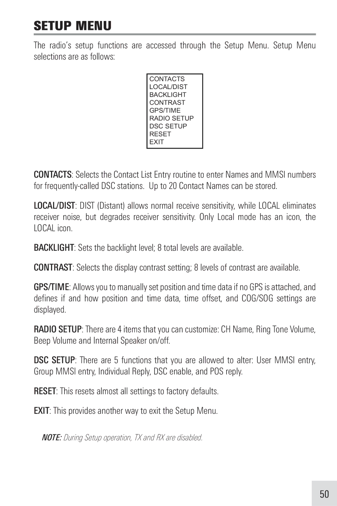 Humminbird VHF255SW manual Setup Menu 