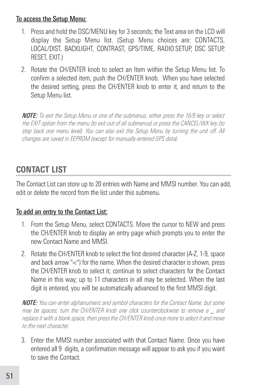 Humminbird VHF255SW manual Contact List, To access the Setup Menu 