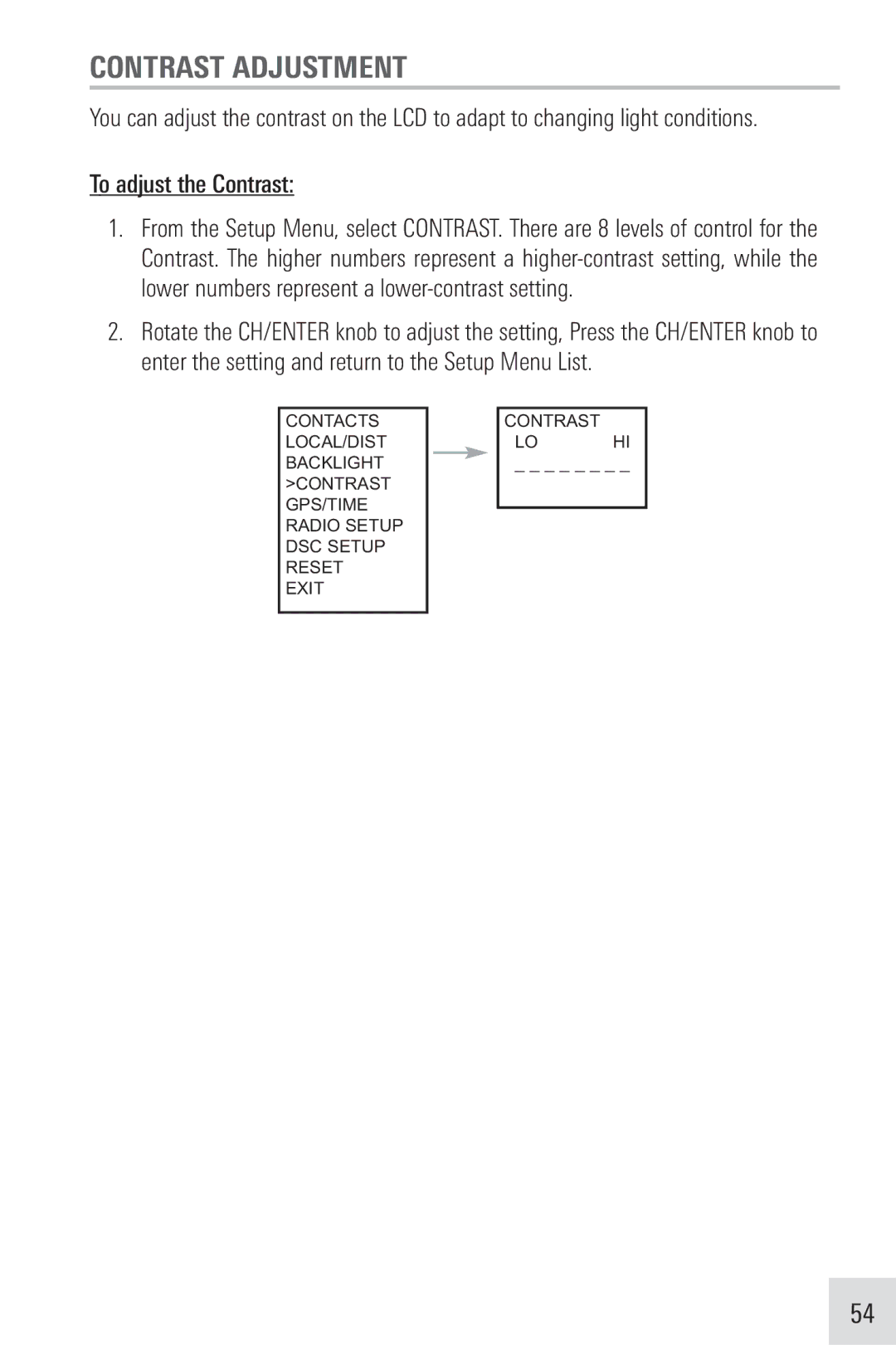 Humminbird VHF255SW manual Contrast Adjustment, To adjust the Contrast 