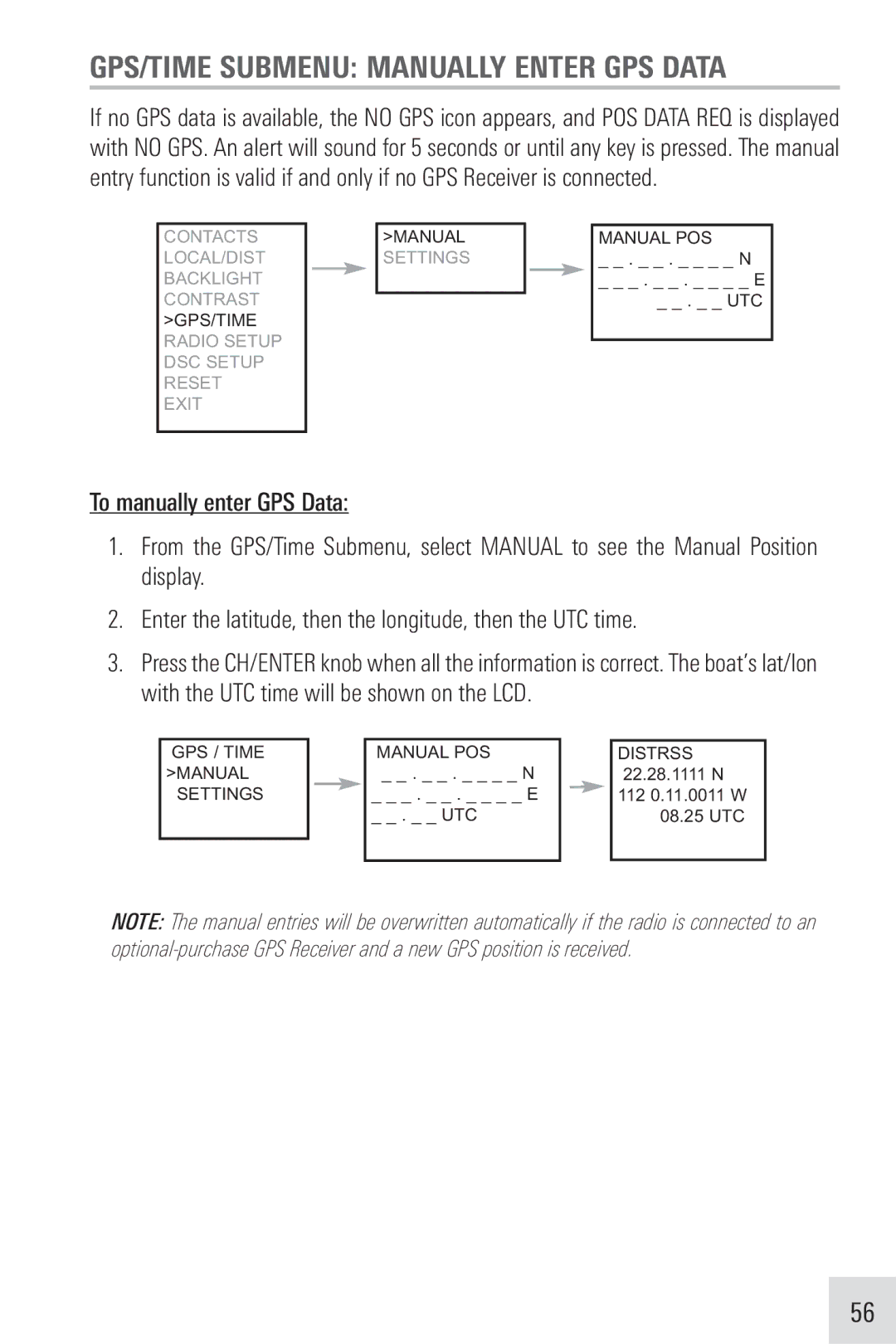 Humminbird VHF255SW manual GPS/TIME Submenu Manually Enter GPS Data 