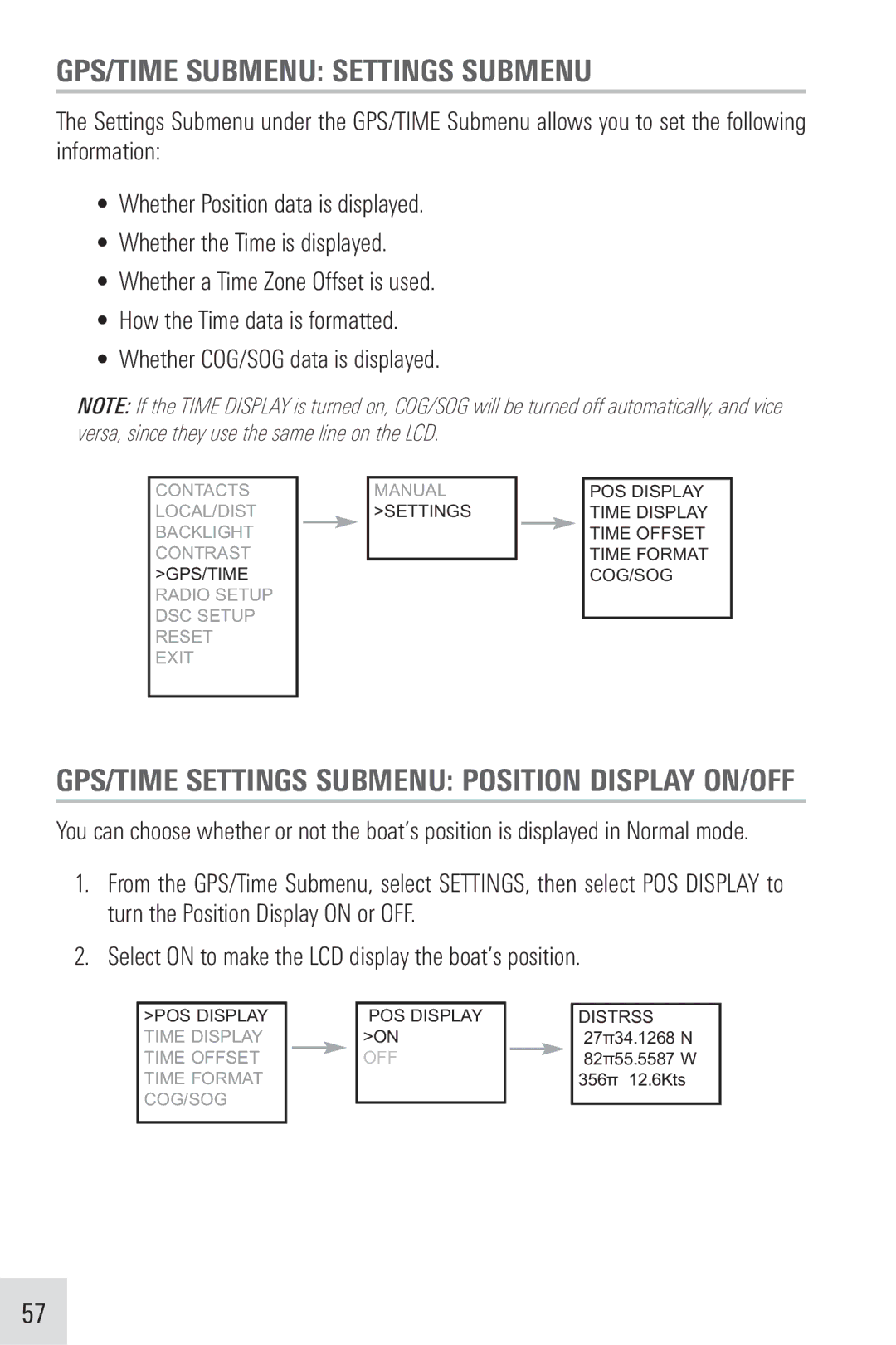 Humminbird VHF255SW manual GPS/TIME Submenu Settings Submenu, GPS/TIME Settings Submenu Position Display ON/OFF 