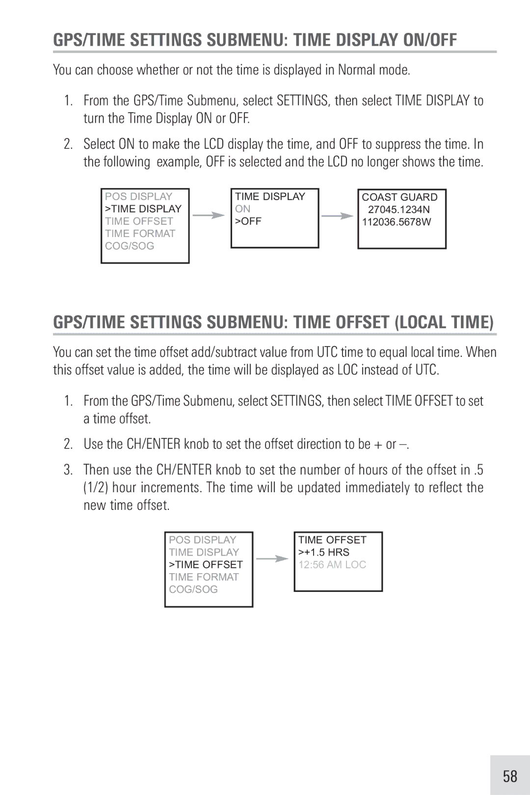 Humminbird VHF255S manual GPS/TIME Settings Submenu Time Display ON/OFF, GPS/TIME Settings Submenu Time Offset Local Time 