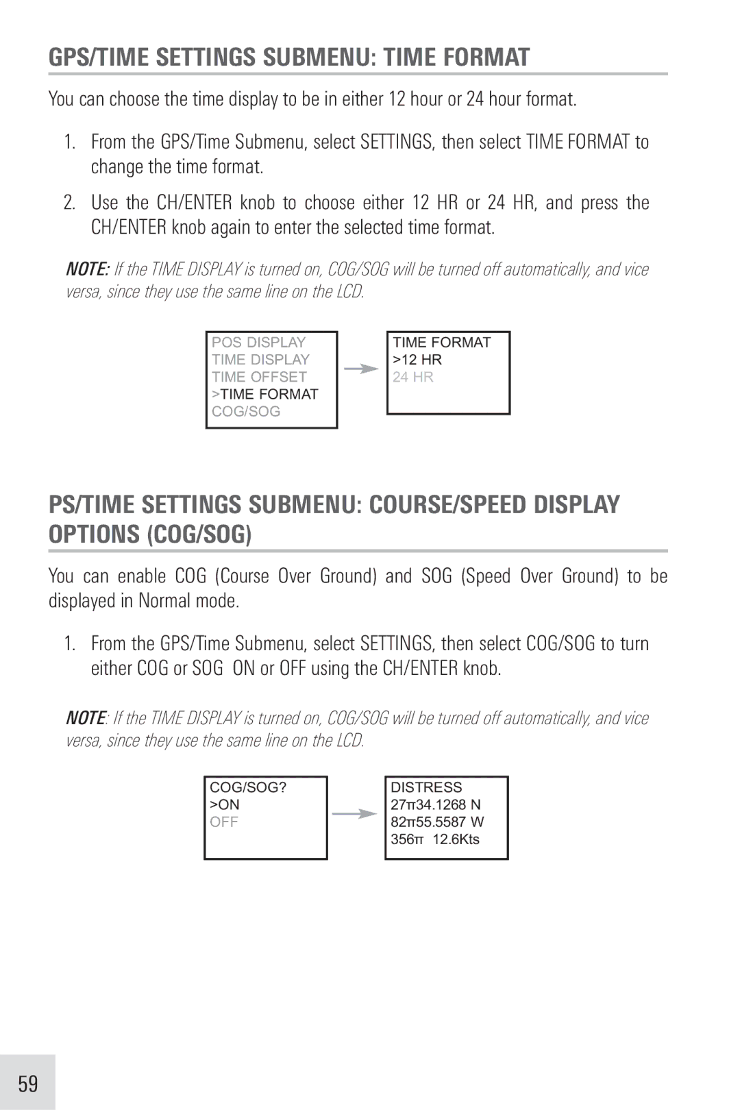 Humminbird VHF255SW manual GPS/TIME Settings Submenu Time Format 