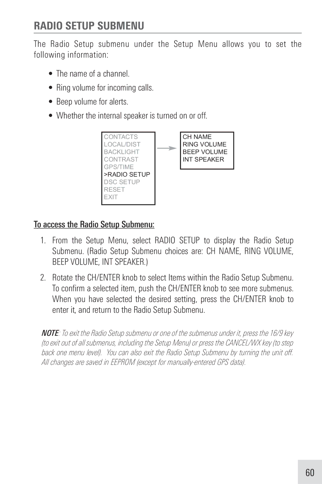 Humminbird VHF255SW manual Radio Setup Submenu 