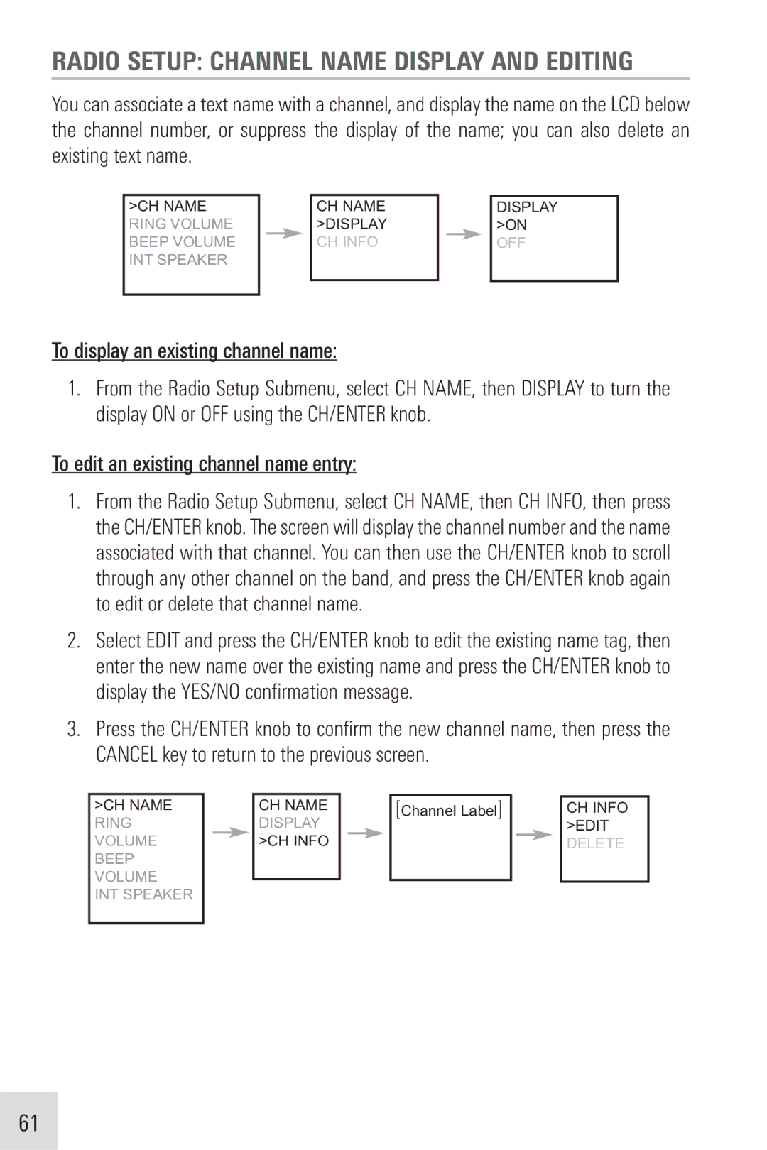 Humminbird VHF255SW manual Radio Setup Channel Name Display and Editing, To display an existing channel name 