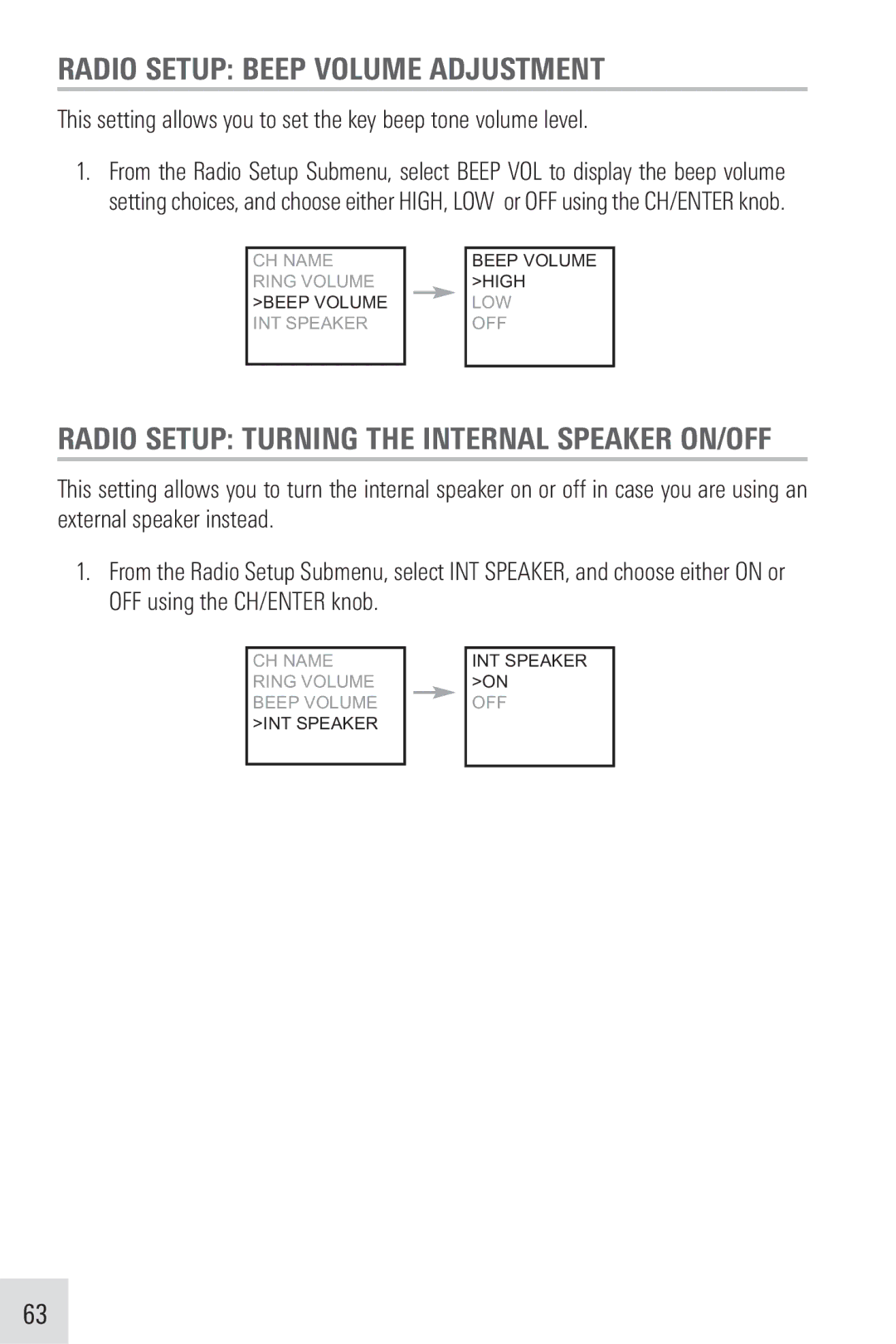 Humminbird VHF255SW manual Radio Setup Beep Volume Adjustment, Radio Setup Turning the Internal Speaker ON/OFF 