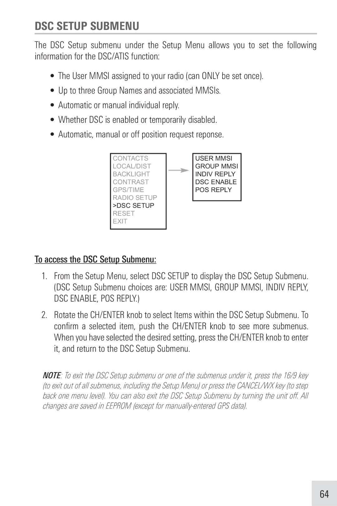 Humminbird VHF255SW manual To access the DSC Setup Submenu 