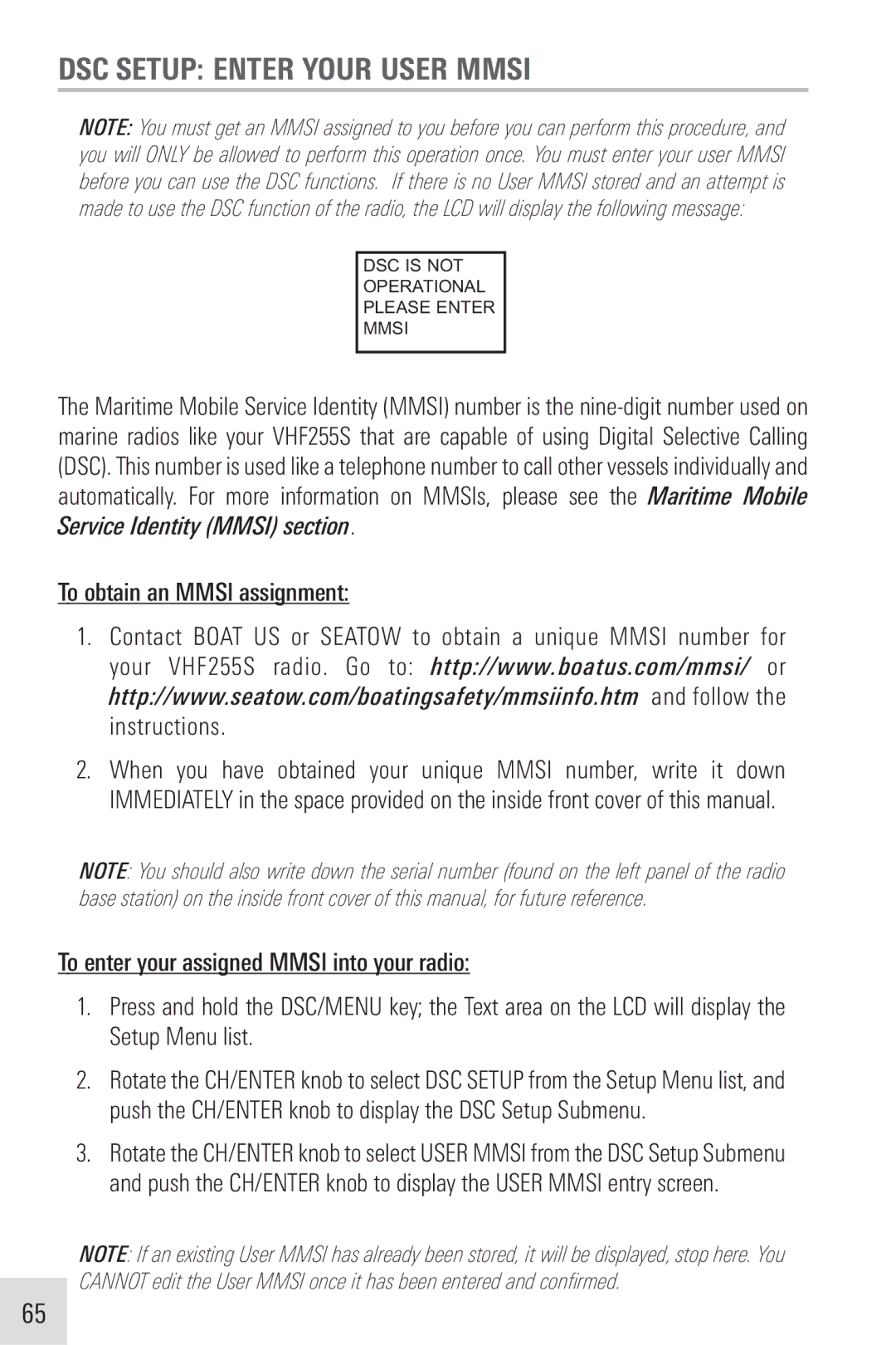 Humminbird VHF255SW manual DSC Setup Enter Your User Mmsi, To obtain an Mmsi assignment 