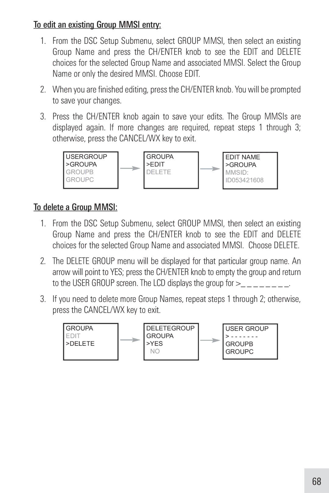 Humminbird VHF255SW manual To edit an existing Group Mmsi entry, To delete a Group Mmsi 