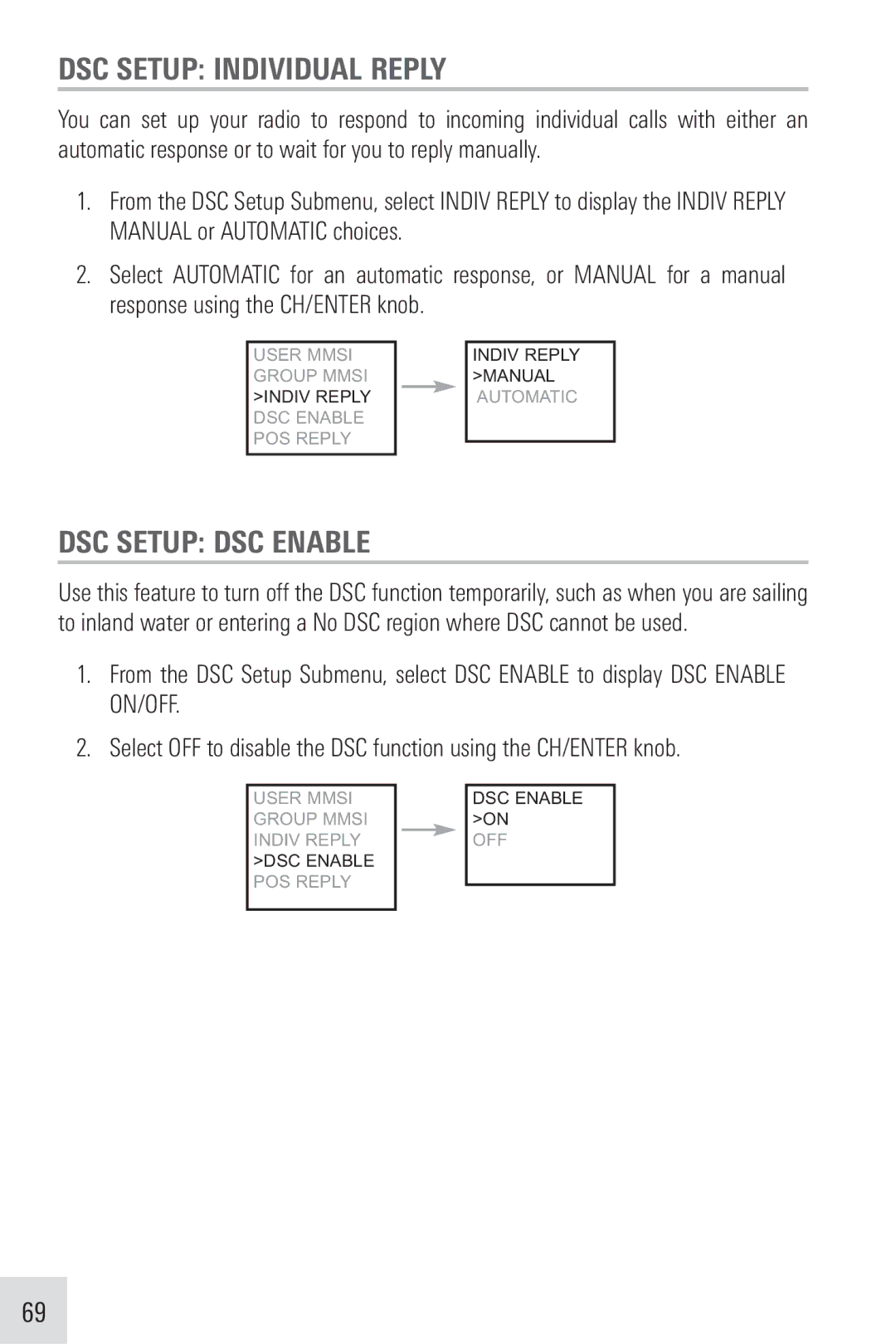 Humminbird VHF255SW manual DSC Setup Individual Reply, DSC Setup DSC Enable 