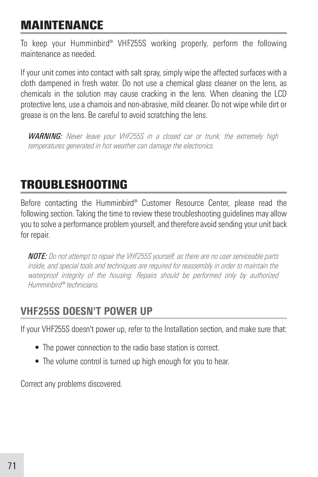 Humminbird VHF255SW manual Maintenance, Troubleshooting, VHF255S Doesnt Power UP 