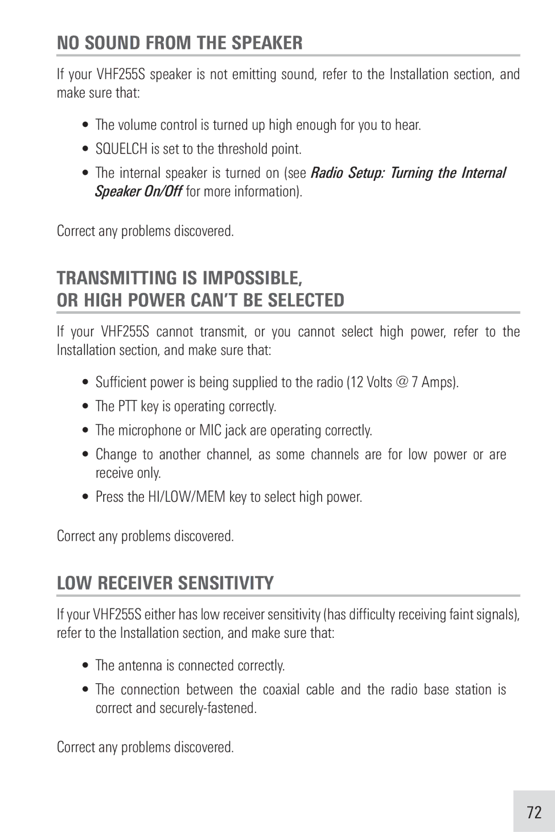 Humminbird VHF255SW manual No Sound from the Speaker, Transmitting is Impossible Or High Power CAN’T be Selected 