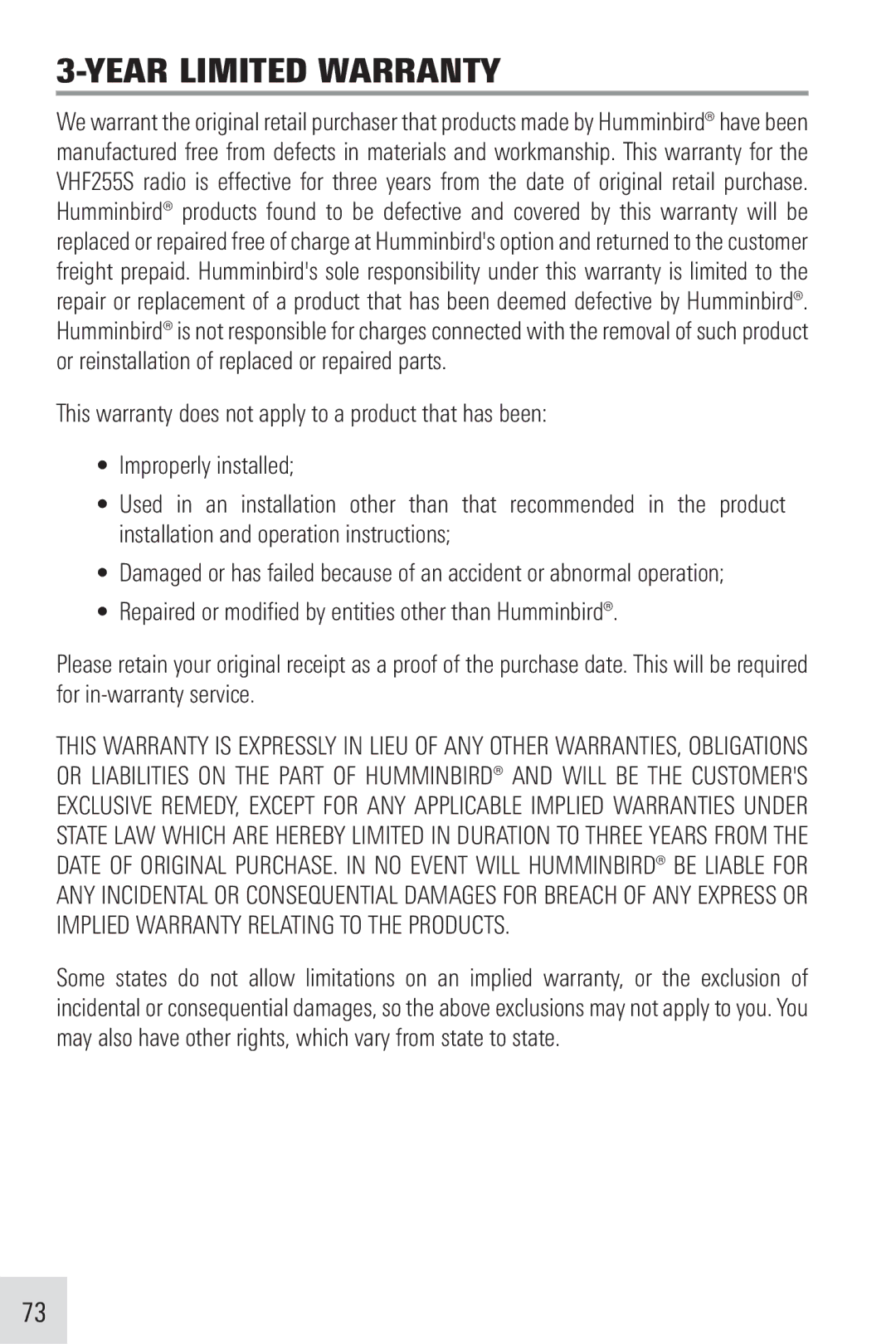 Humminbird VHF255SW manual Year Limited Warranty 