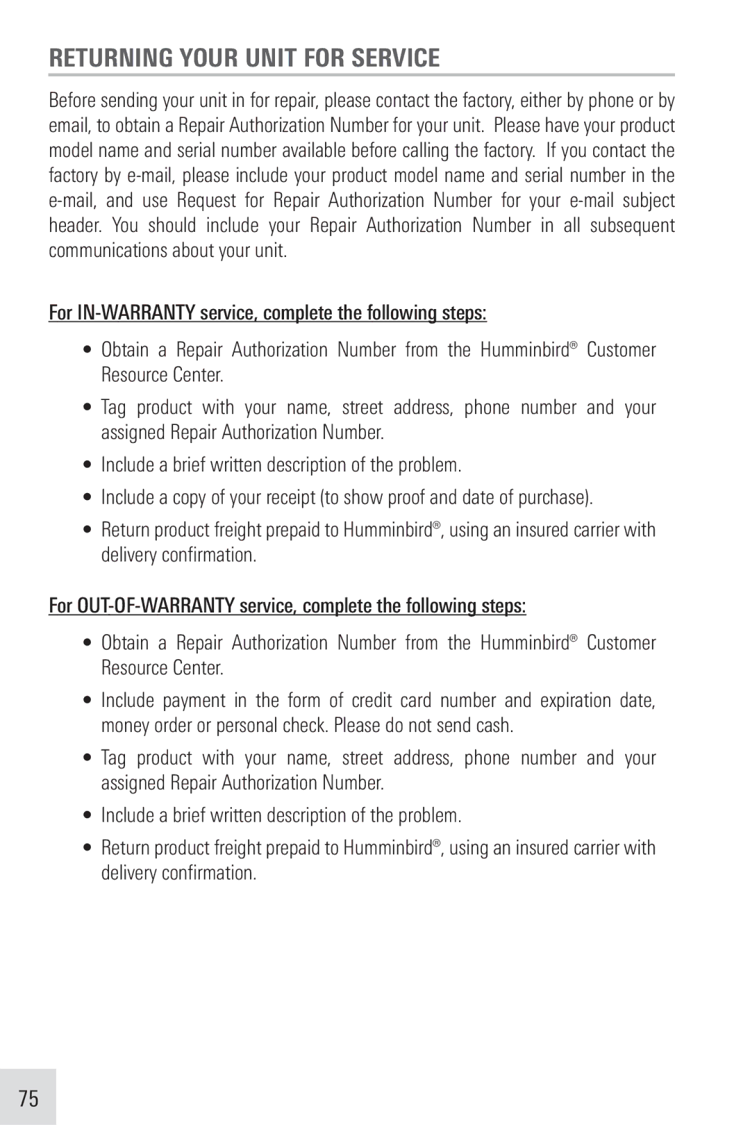 Humminbird VHF255SW manual Returning Your Unit for Service 