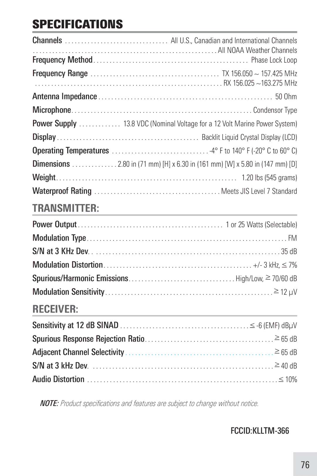 Humminbird VHF255SW manual Specifications, Transmitter, Receiver 