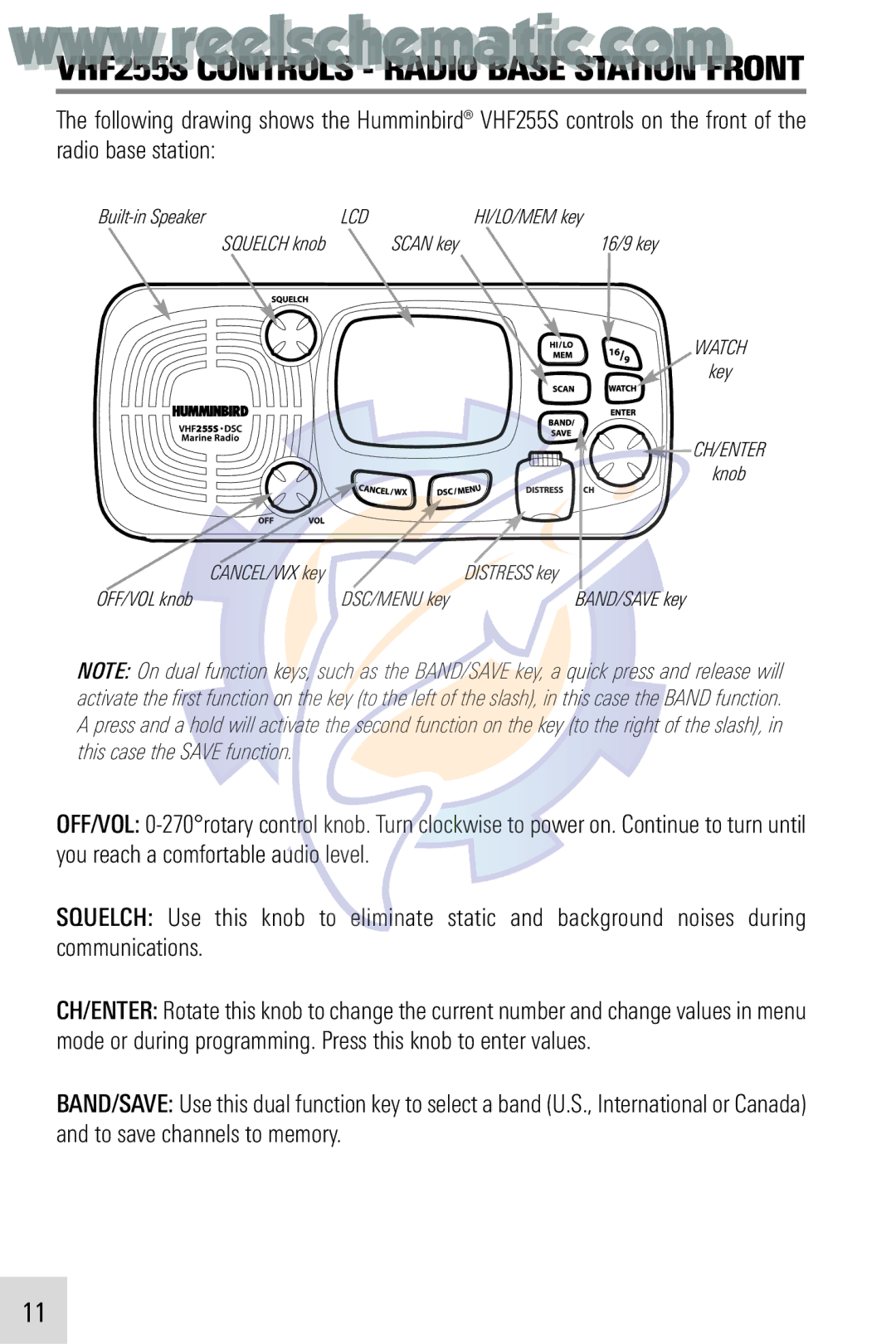 Humminbird VHF255SW manual VHF255S Controls Radio Base Station Front 