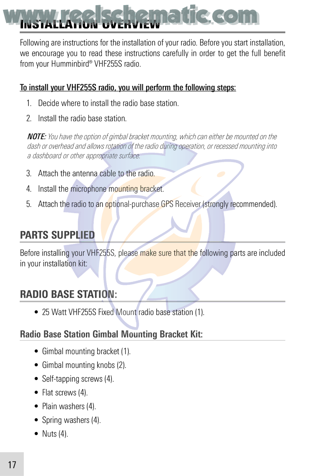Humminbird VHF255SW Installation Overview, Parts Supplied, Radio Base Station, Watt VHF255S Fixed Mount radio base station 