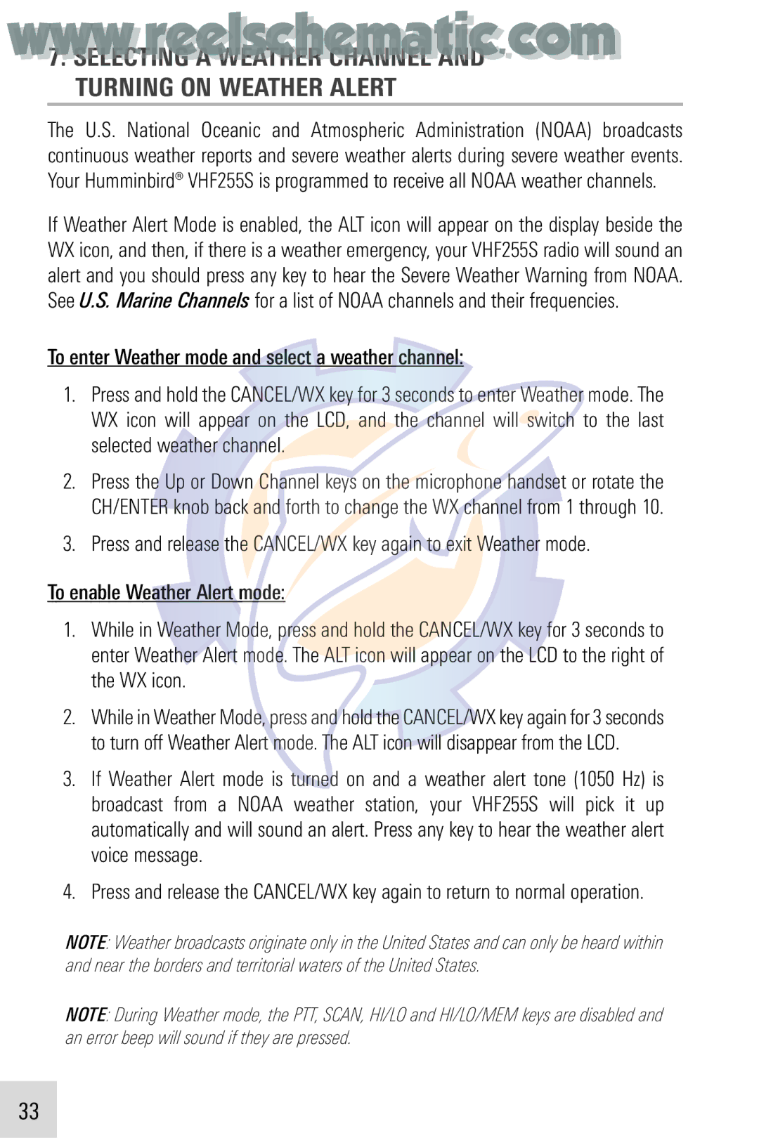 Humminbird VHF255SW manual Selecting a Weather Channel and Turning on Weather Alert 