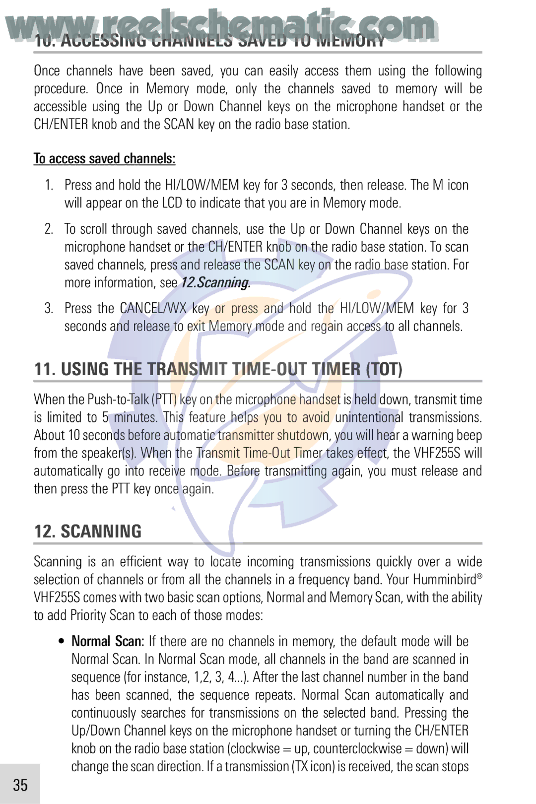 Humminbird VHF255SW manual Accessing Channels Saved to Memory, Using the Transmit TIME-OUT Timer TOT, Scanning 