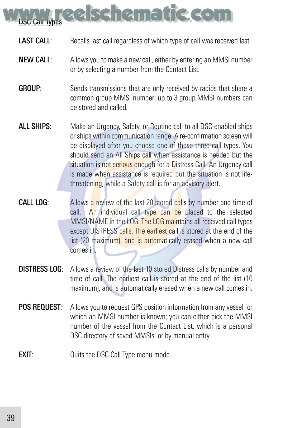 Humminbird VHF255SW manual DSC Call Types, Exit Quits the DSC Call Type menu mode 